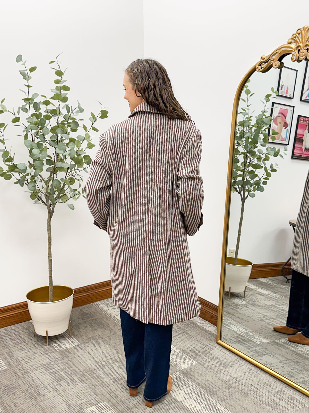 Brown & Ivory Striped Longline Coat