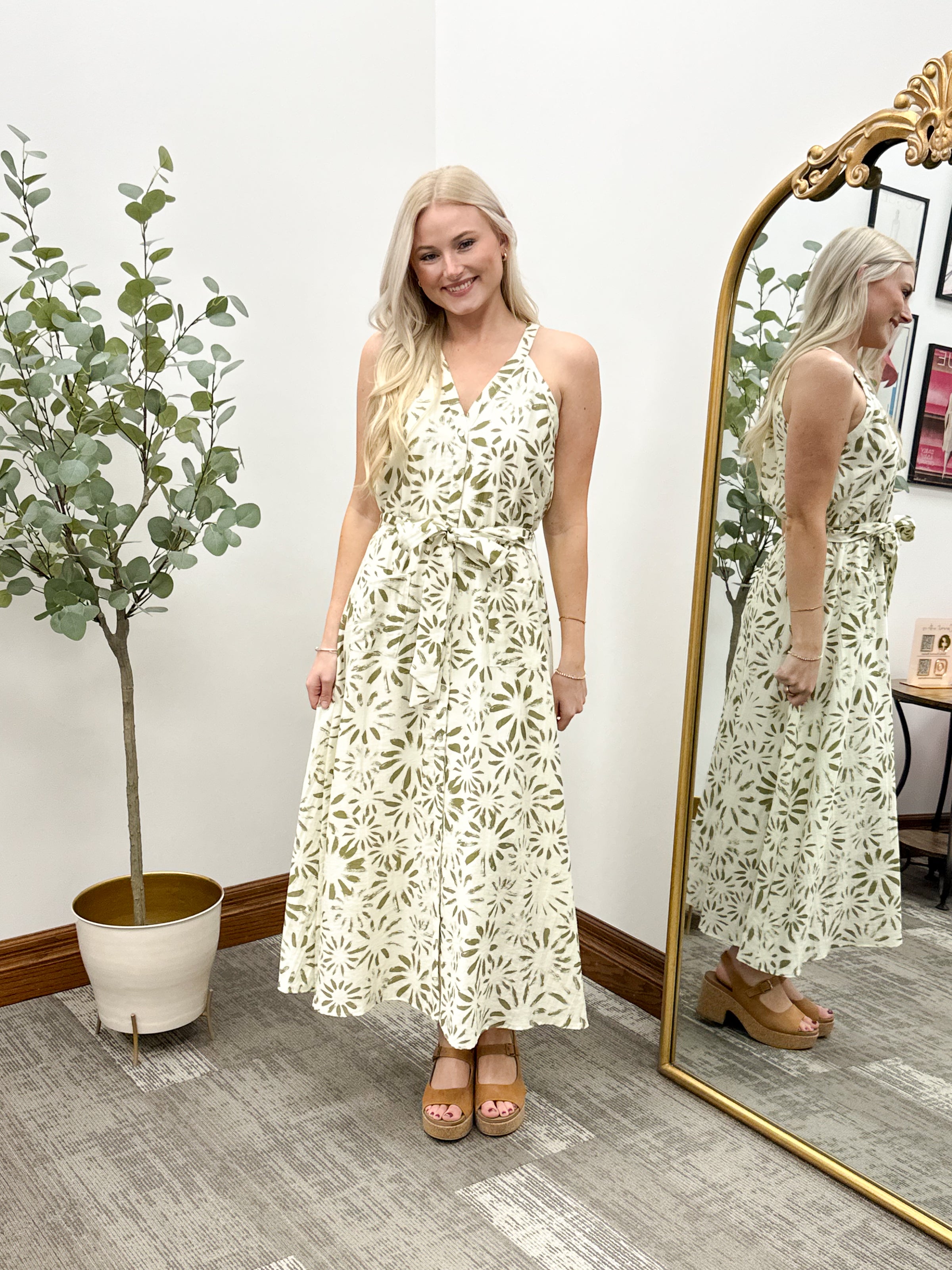 Olive Abstract Floral Halter Midi Dress, Vacation Dress, Summer Dress, Wedding Guest Dress