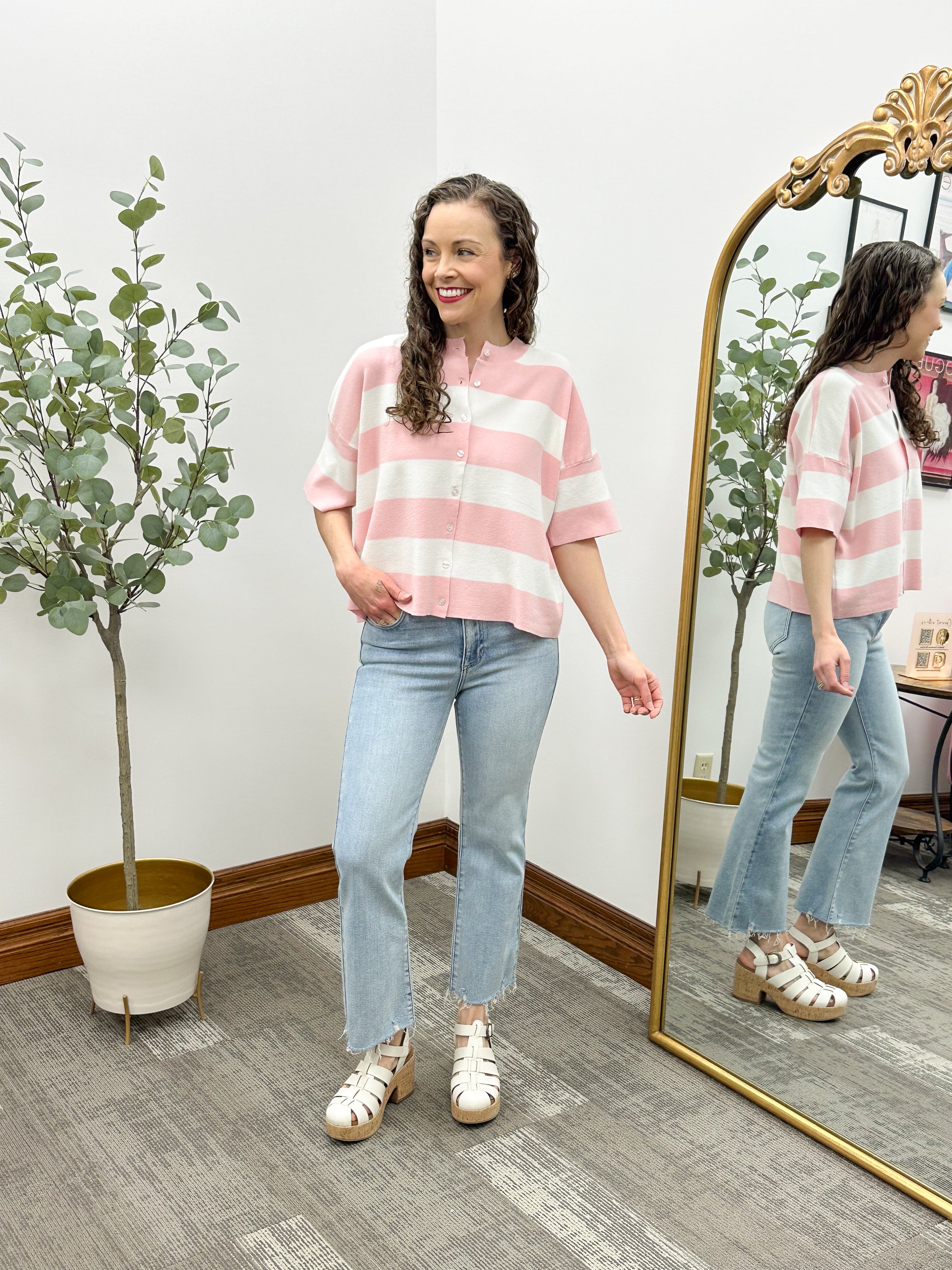Pink striped short sleeve cardigan, summer cardigan, cute summer top, pink cardigan, pink sweater 