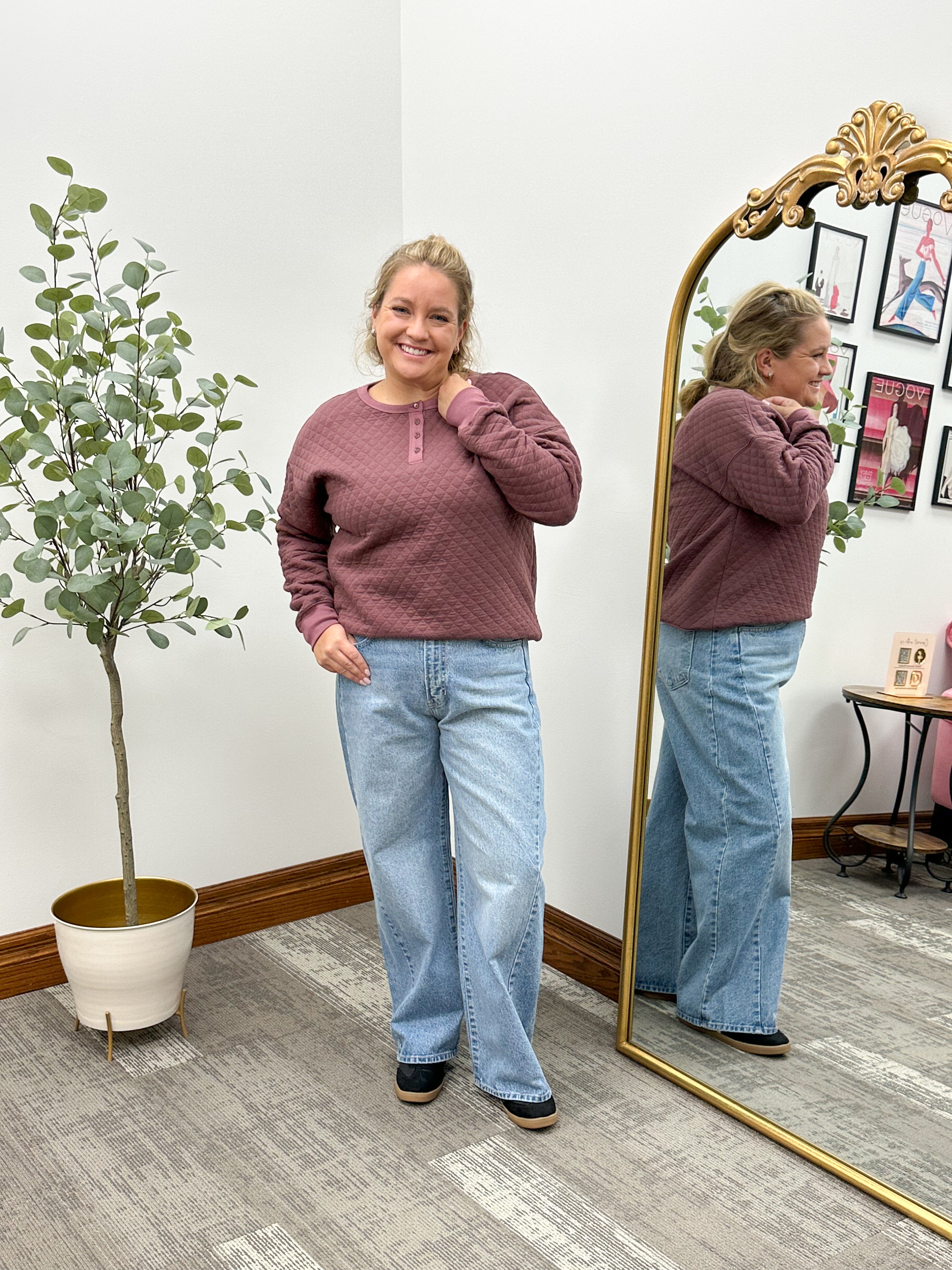 Plum Quilted Button Pullover