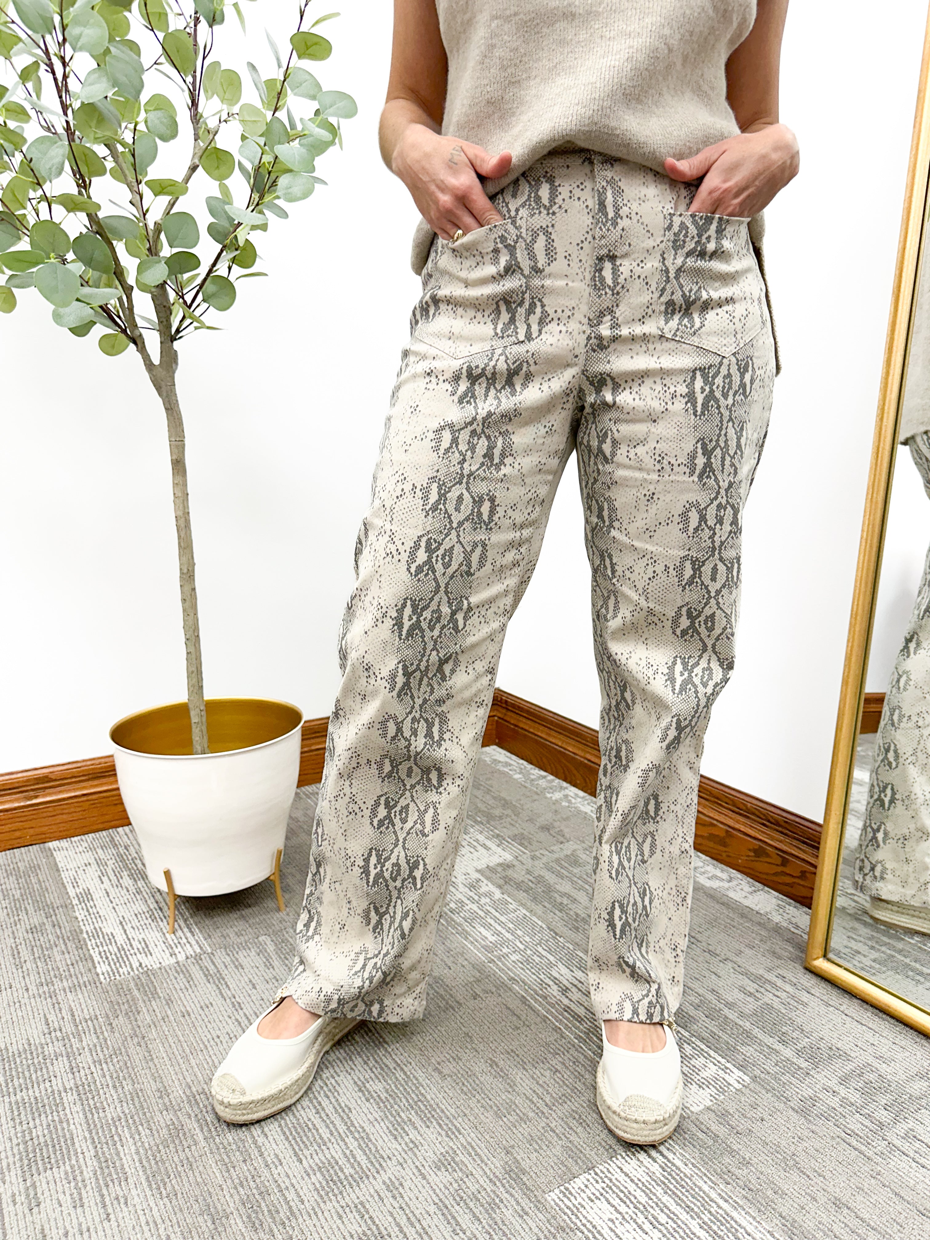 Neutral Snakeskin Print Straight Leg Pants With Stretch