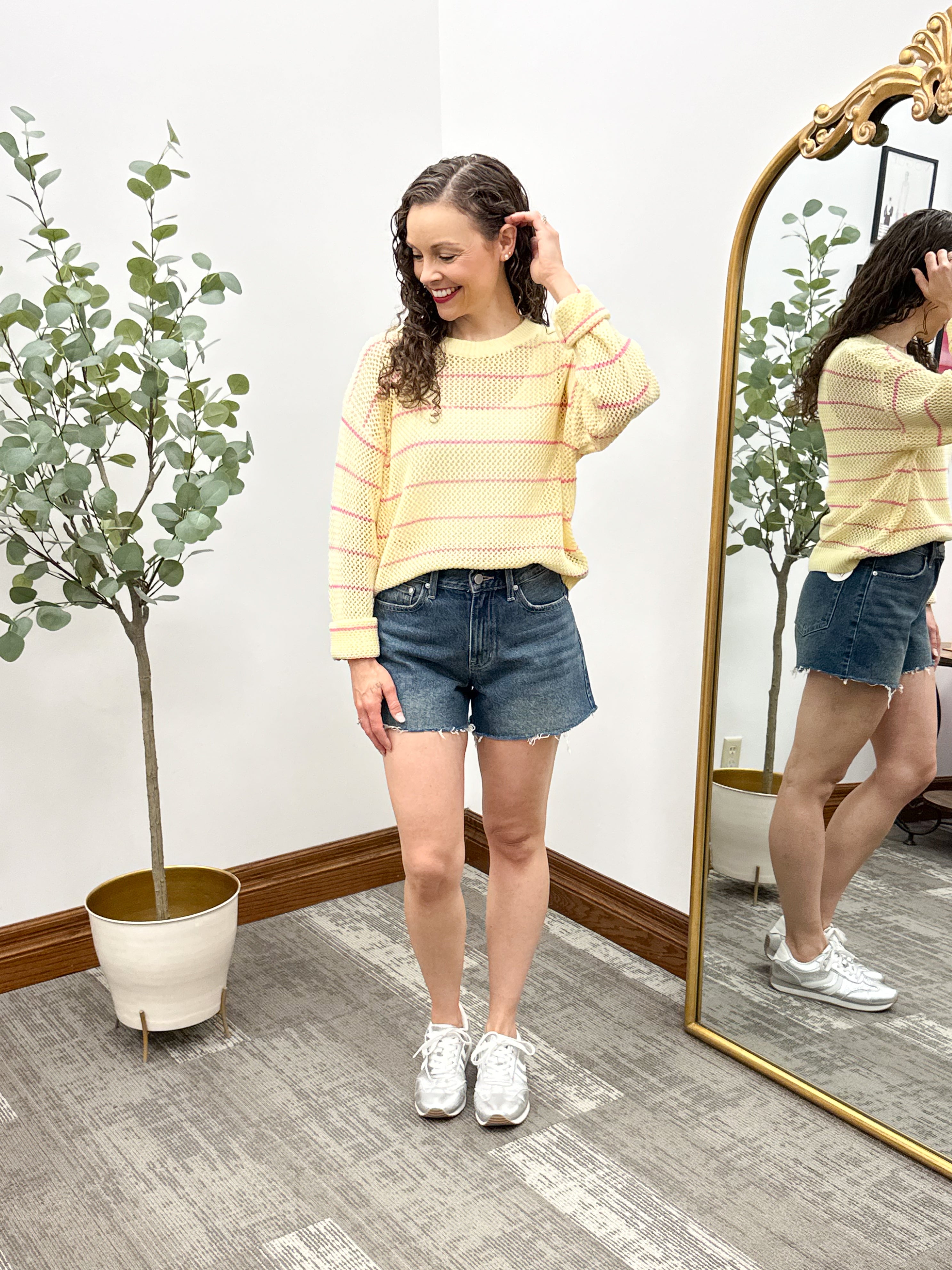 Yellow & Pink Striped Open Knit Sweater