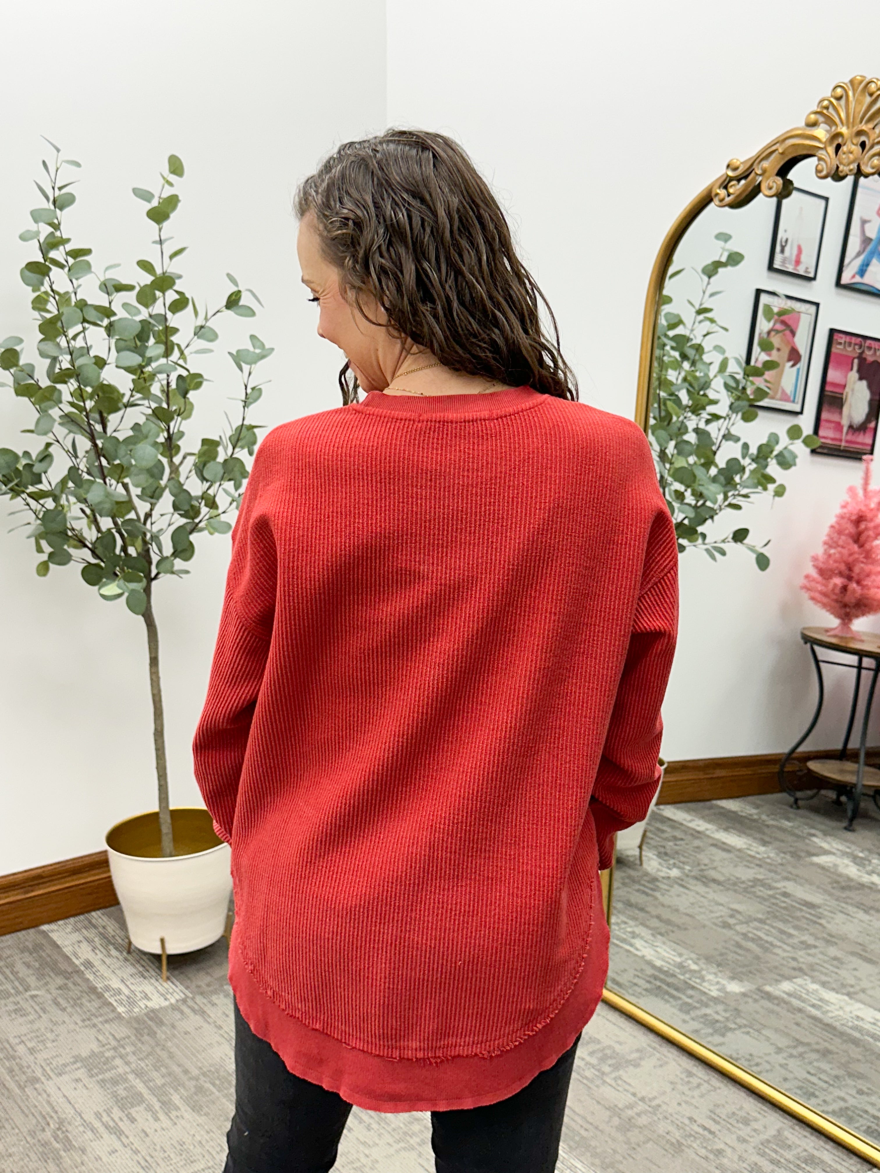 Red Rounded Hem Corded Crewneck Sweatshirt