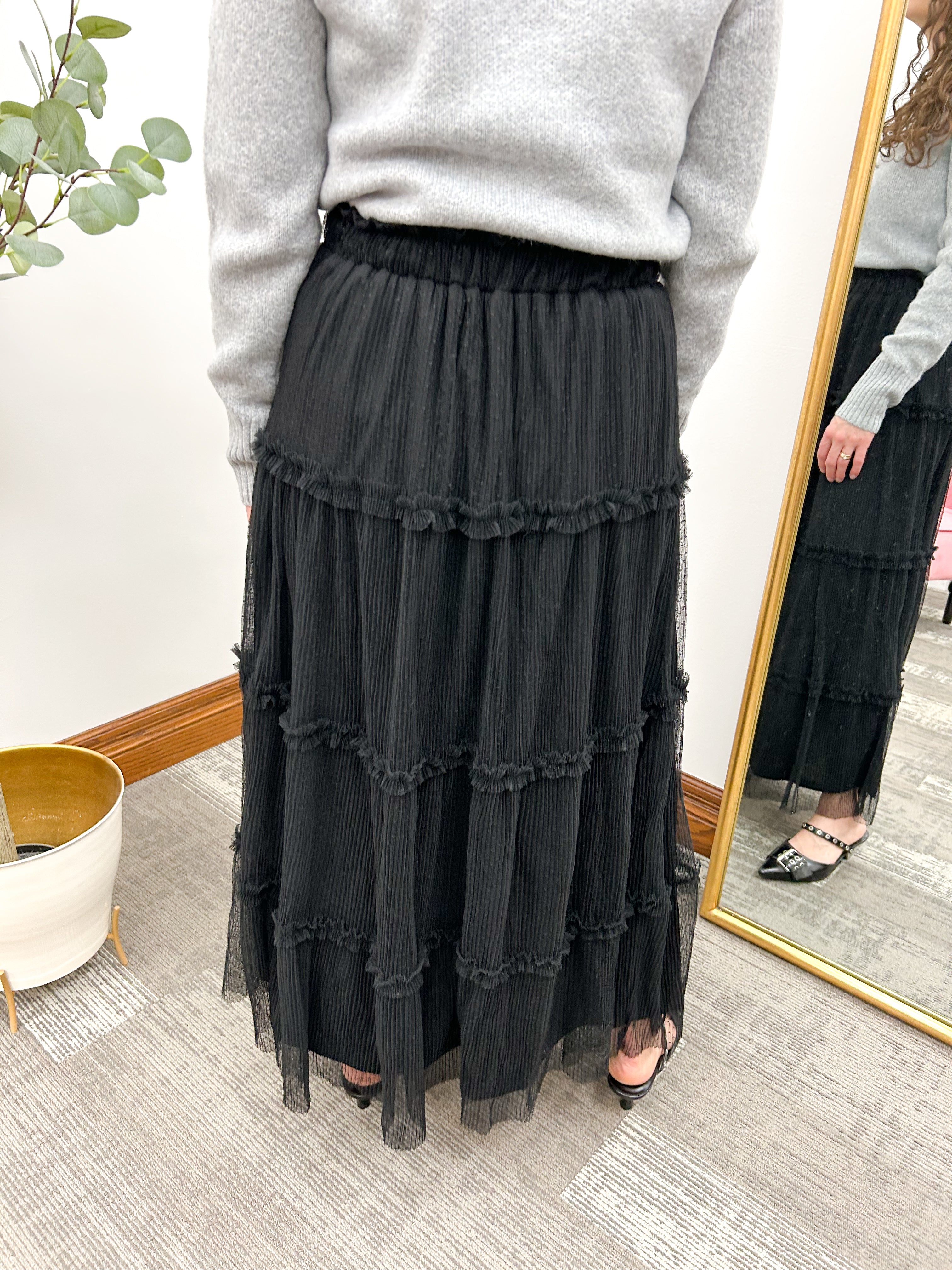 Polka Dot Black Tulle Tiered Midi Skirt