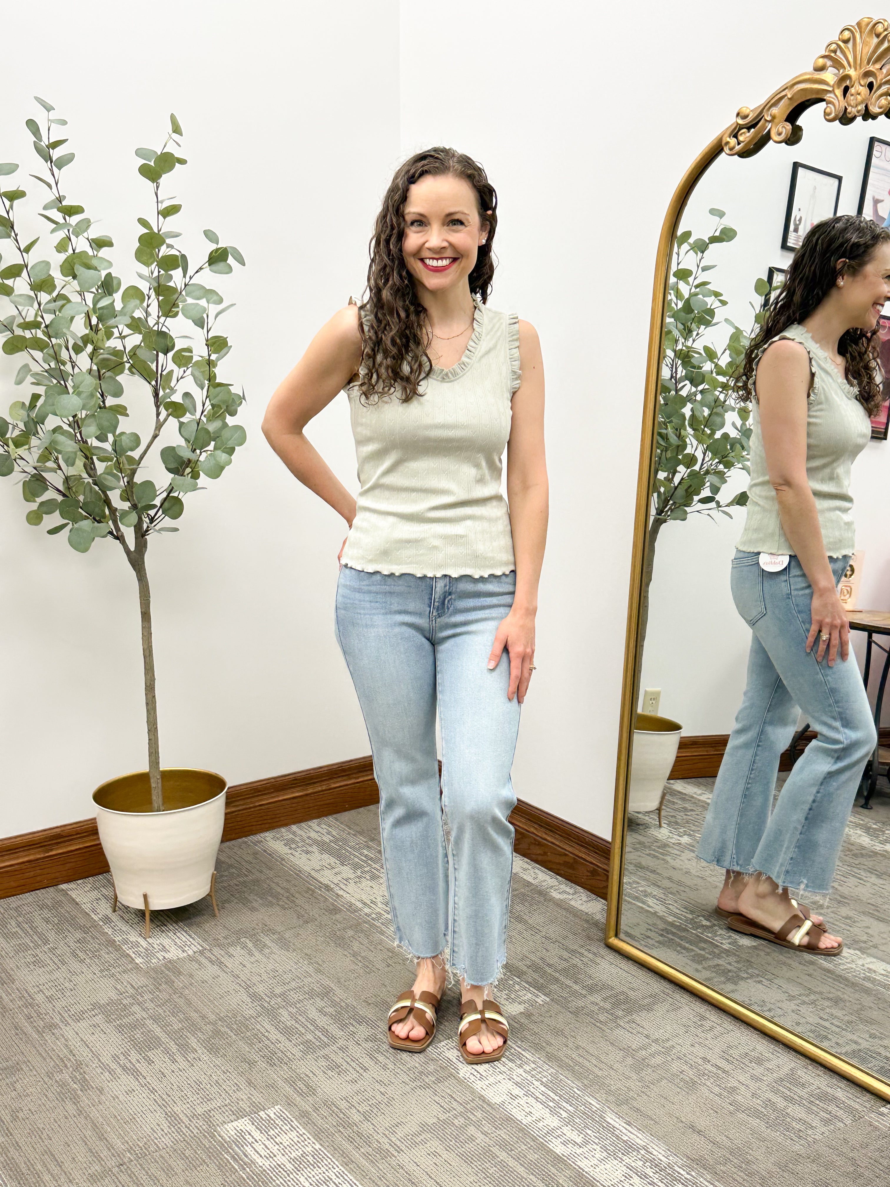 Sage Textured Ruffle Trim Tank Top