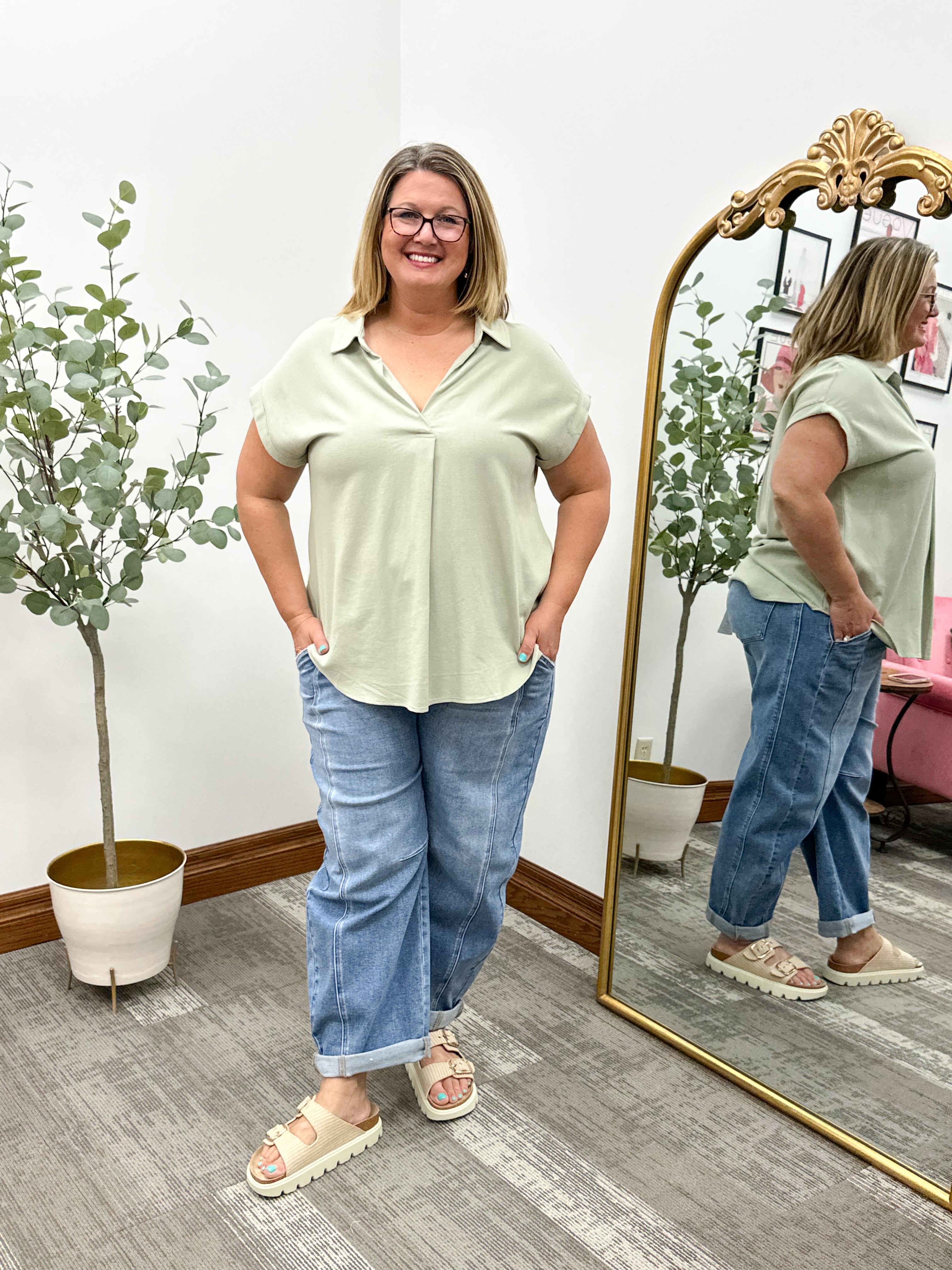 Sage Green Linen Collared Top