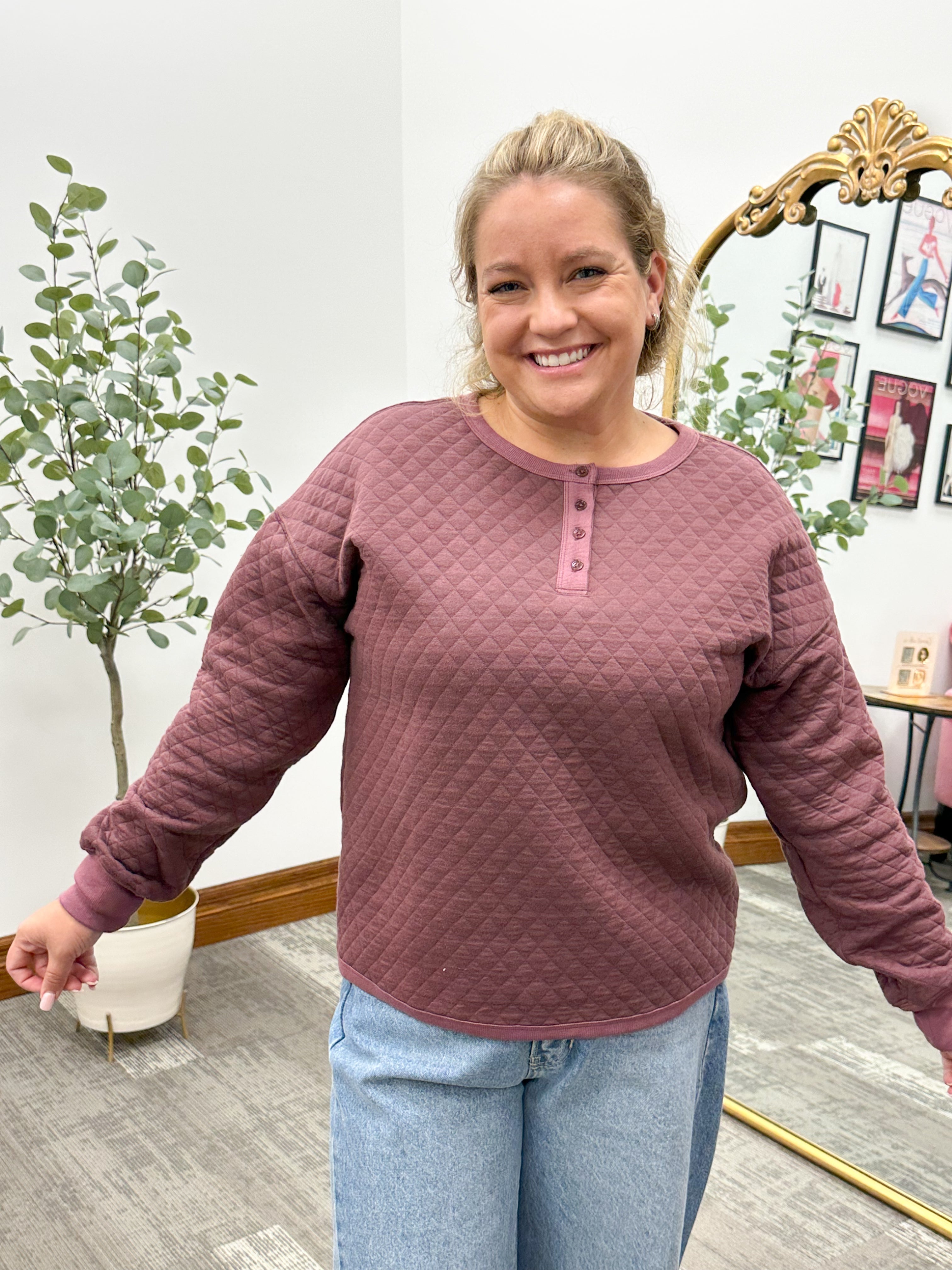 Plum Quilted Button Pullover