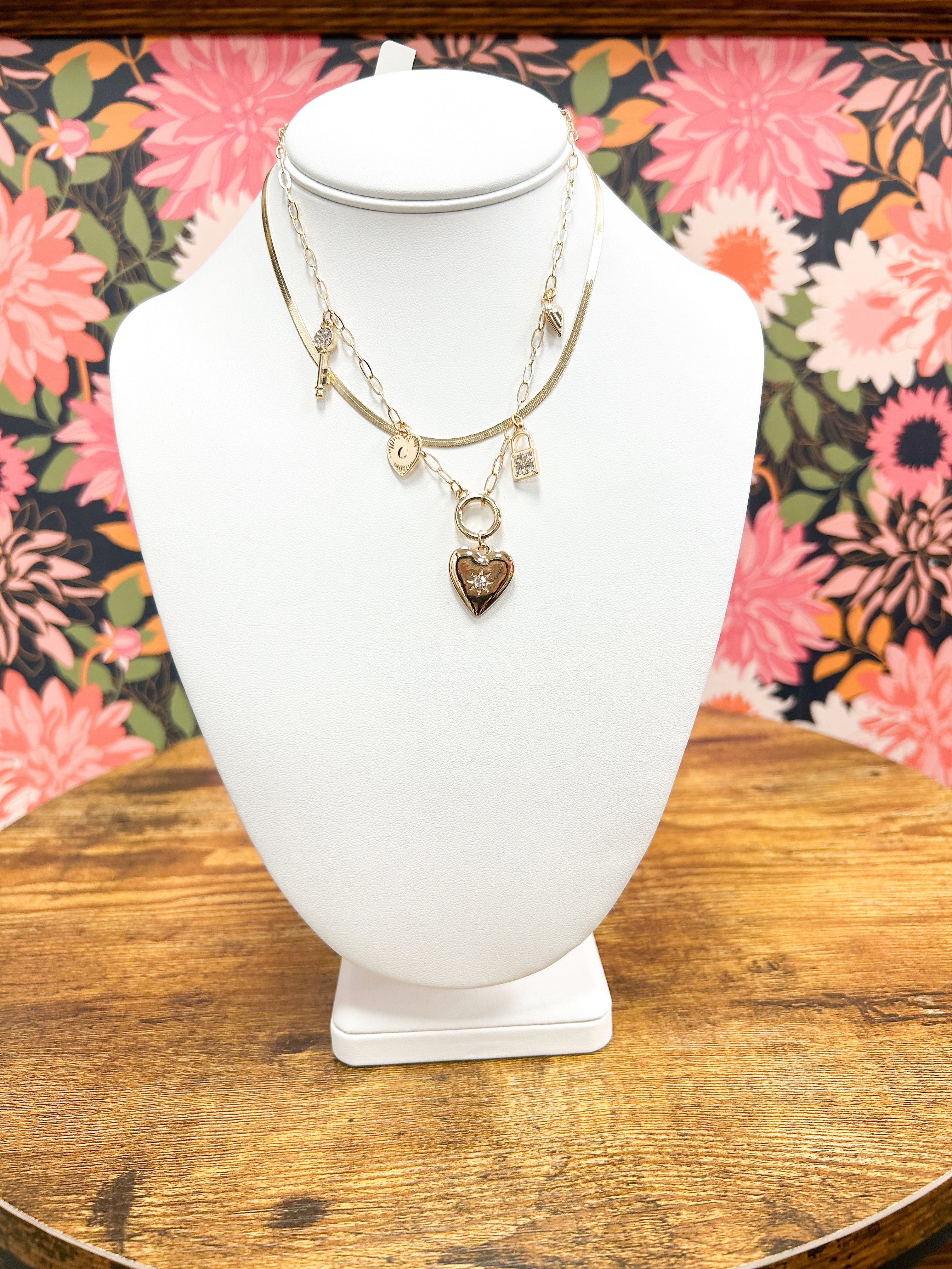 Studded Heart & Lock Charm Necklace