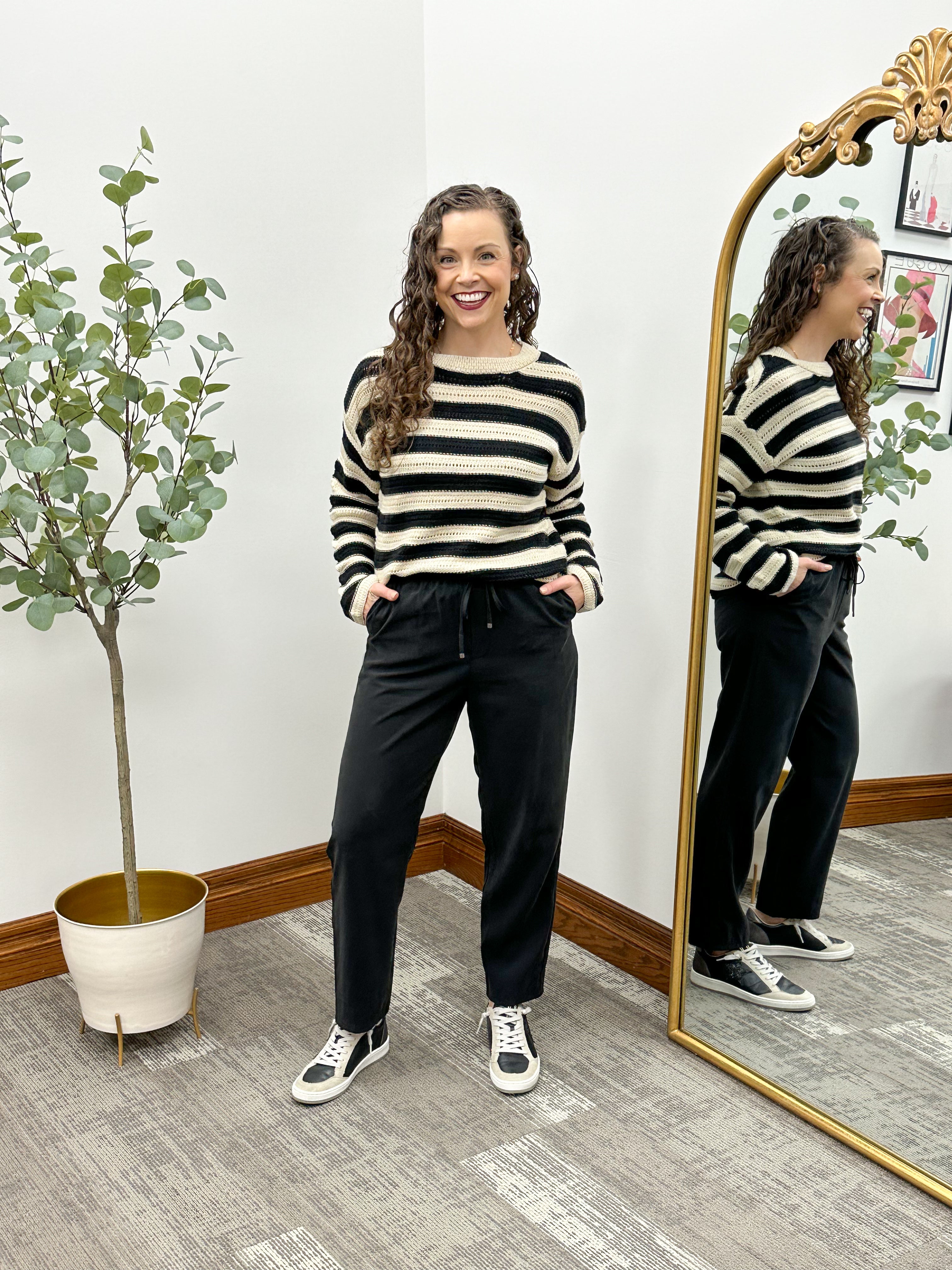 Black & Cream Striped Crochet Knit Sweater