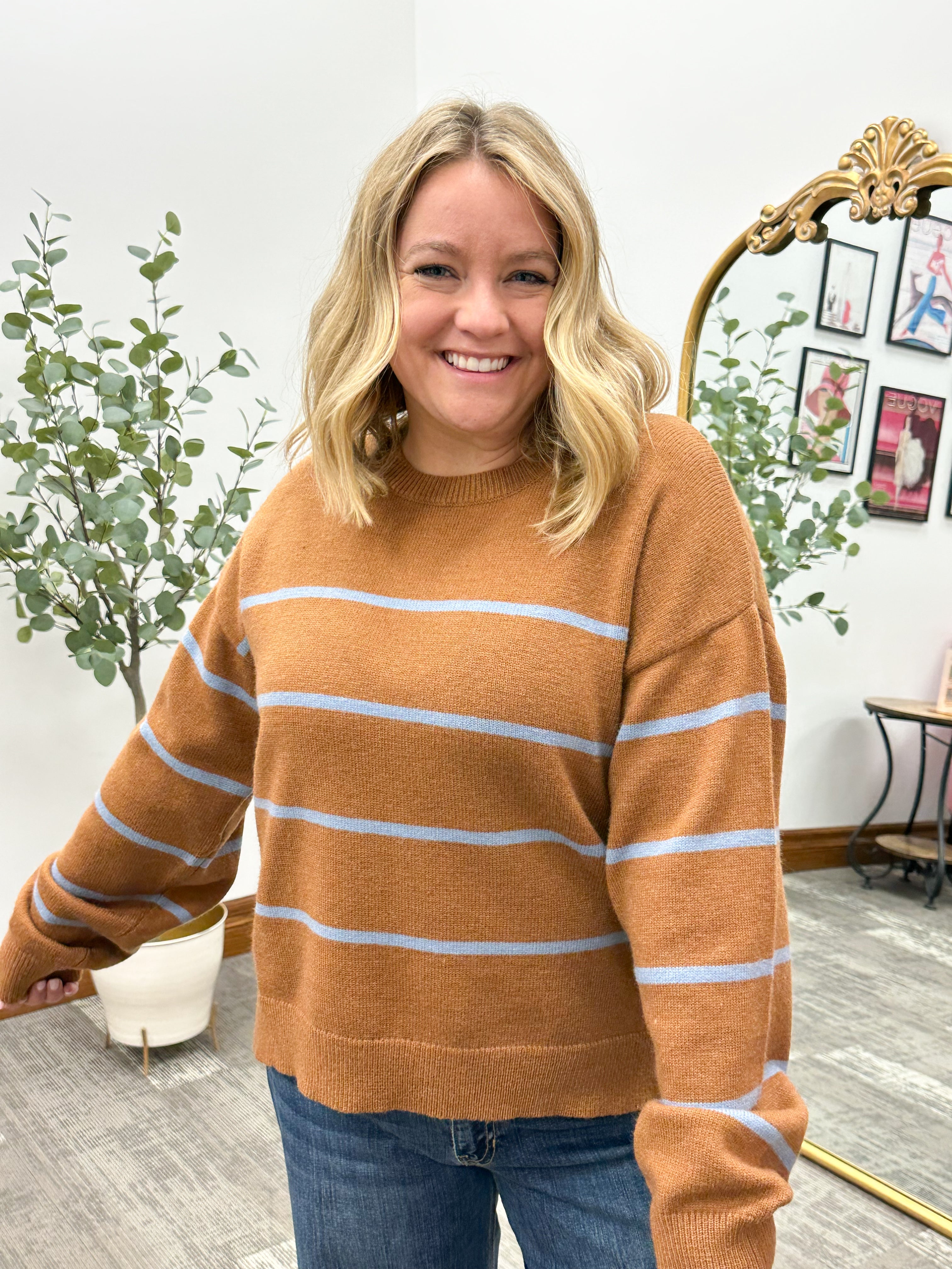 Tan & Blue Striped Sweater