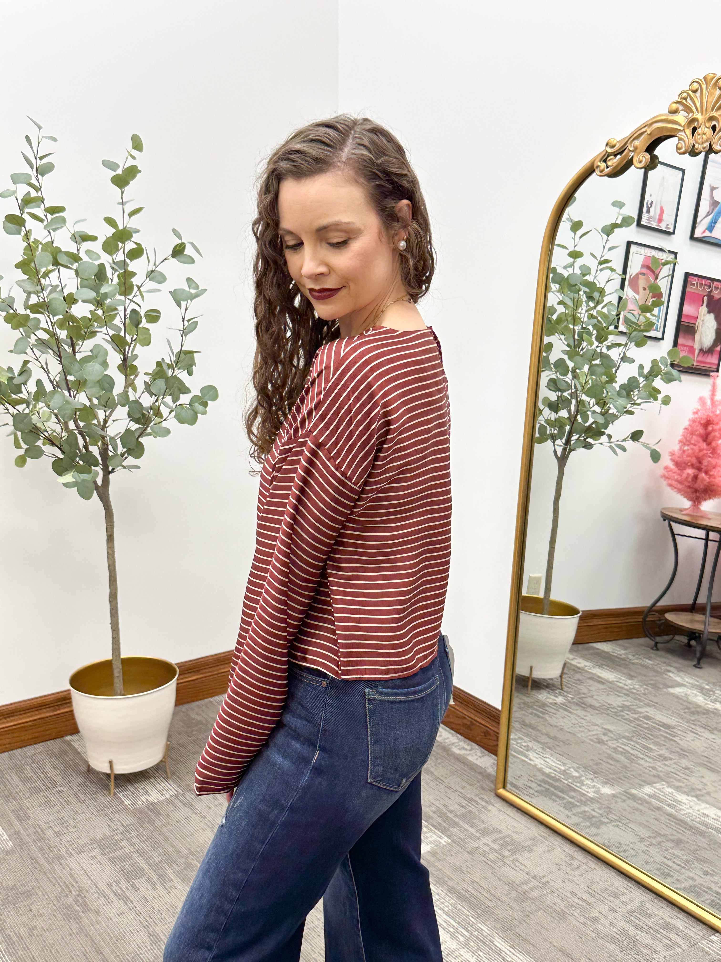 Burgundy & Cream Striped Cropped Blouse