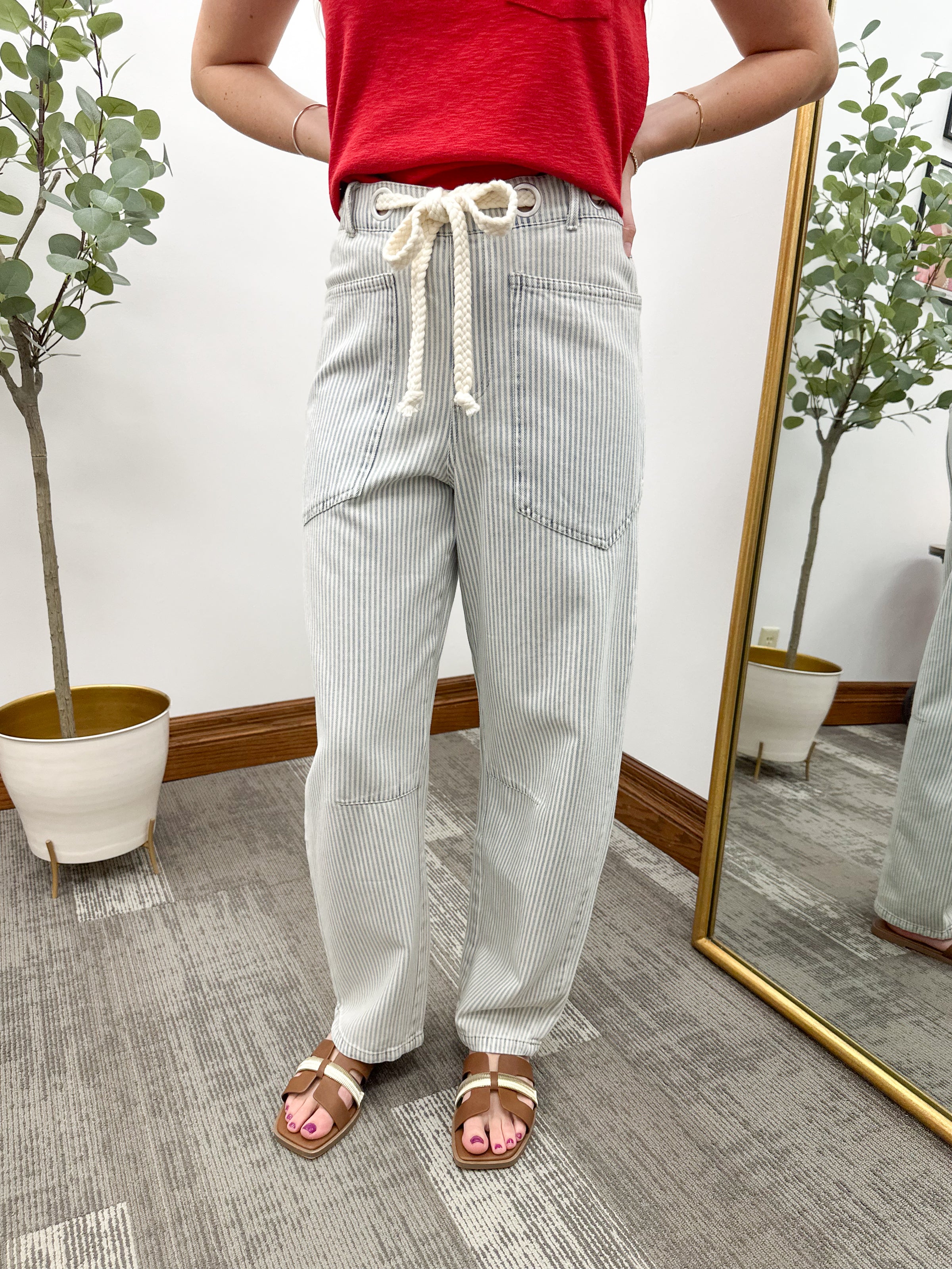 Blue and cream striped barrel jeans, blue and cream striped jeans, barrel jeans, striped barrel jeans