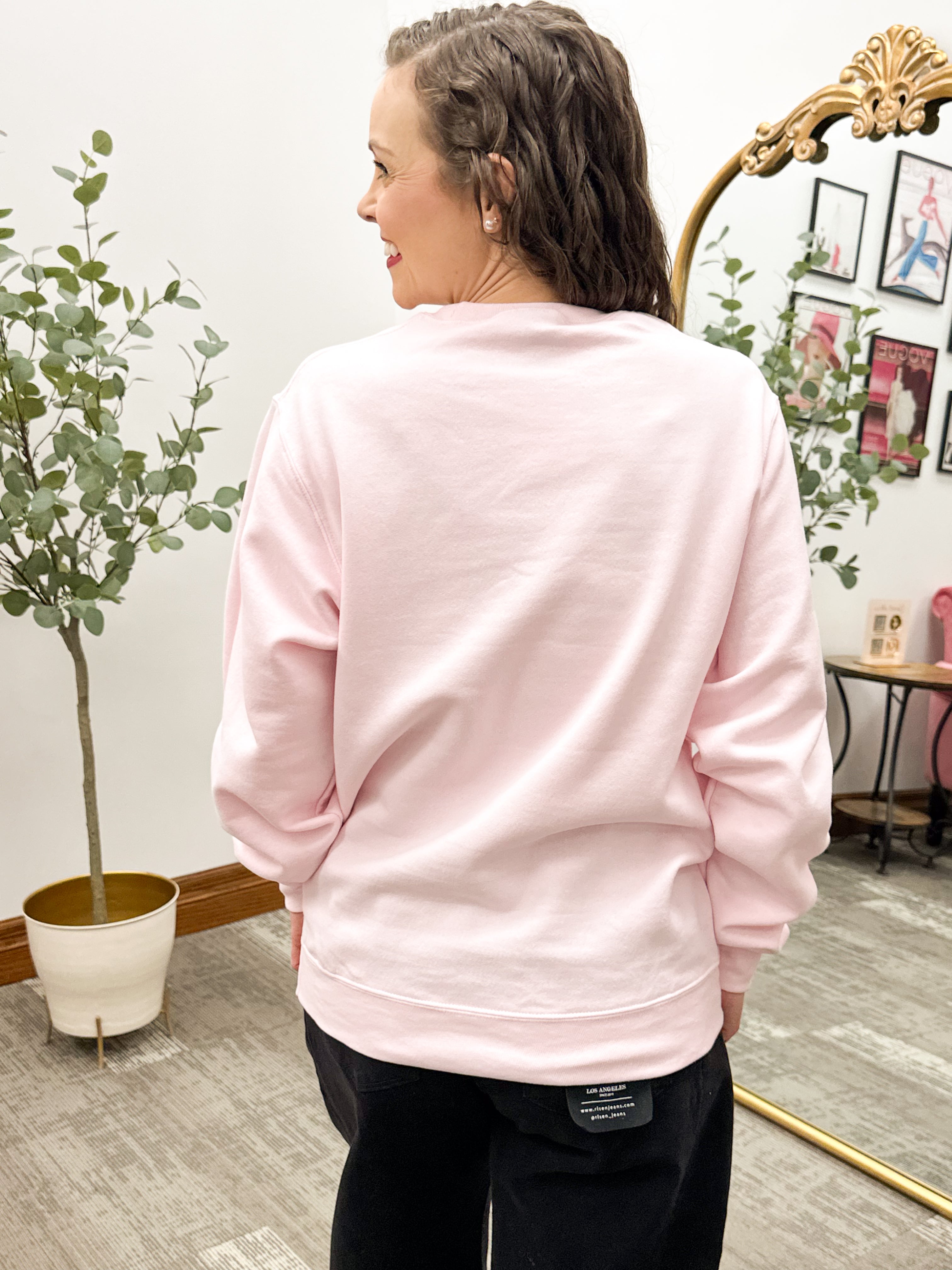 "Coffee Lover" Knit Yarn Print Pink Crewneck Sweatshirt