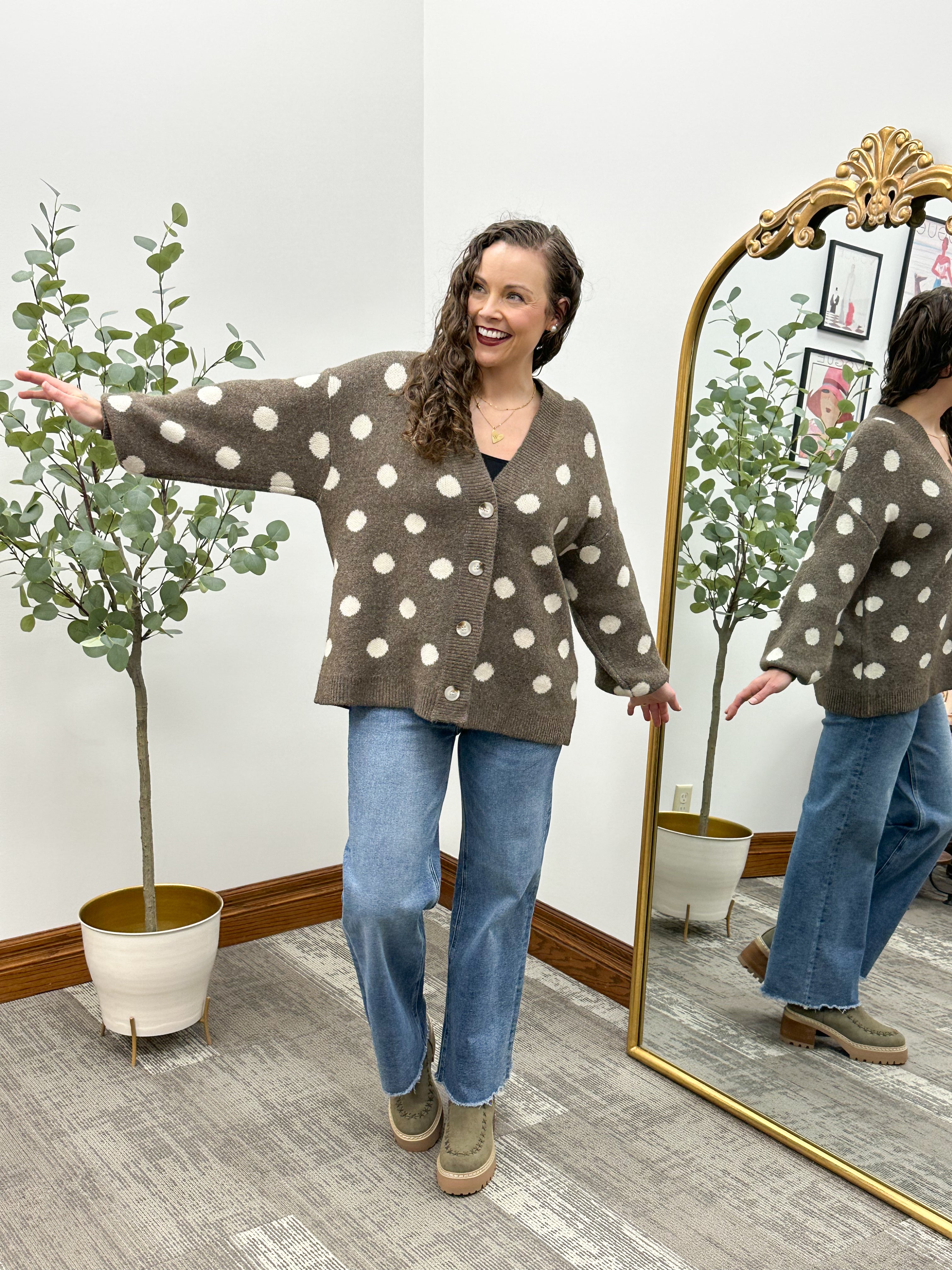 Oversized Mocha Polka Dot Cardigan