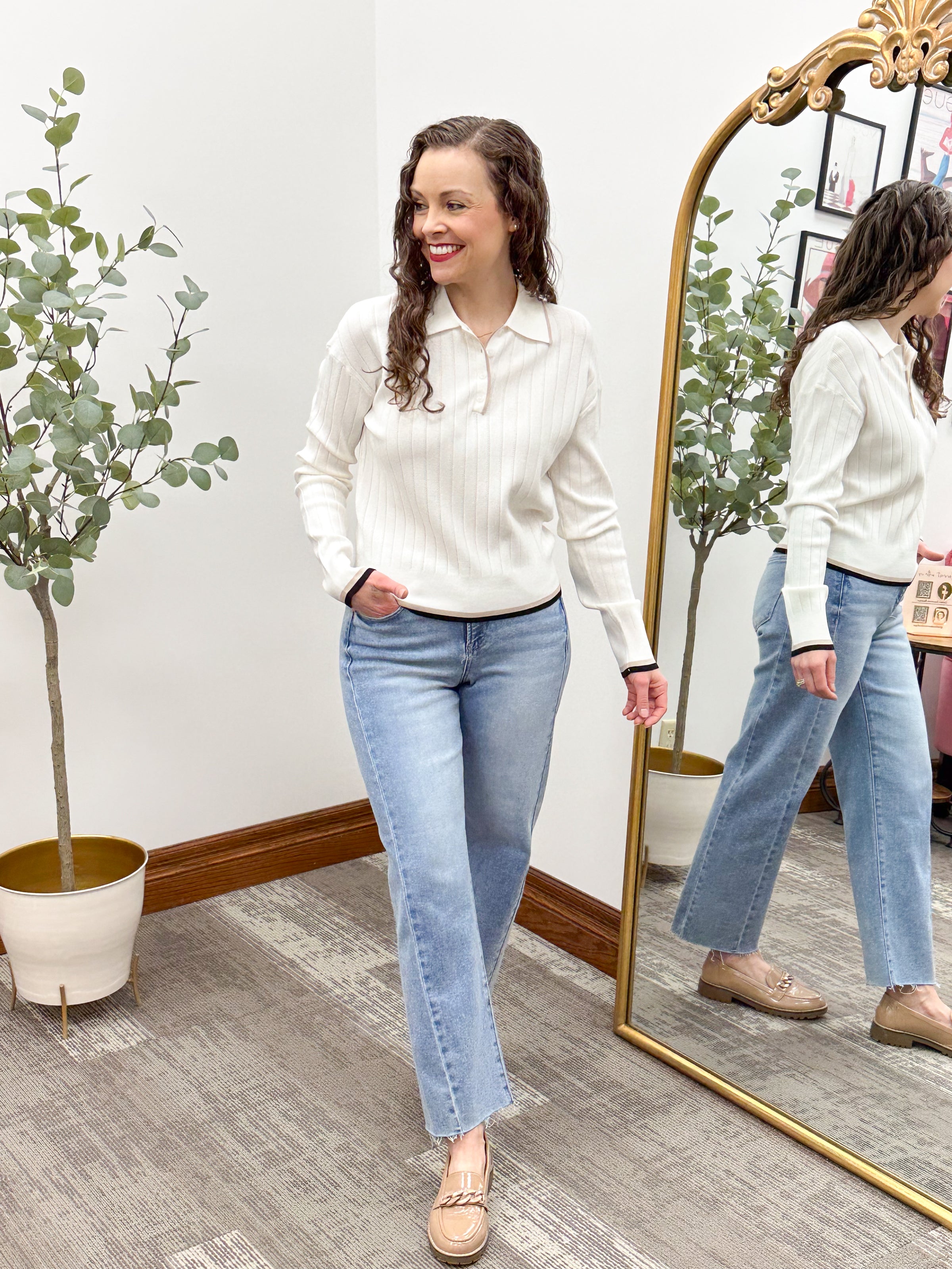 Ivory Pointelle Knit Collared Sweater