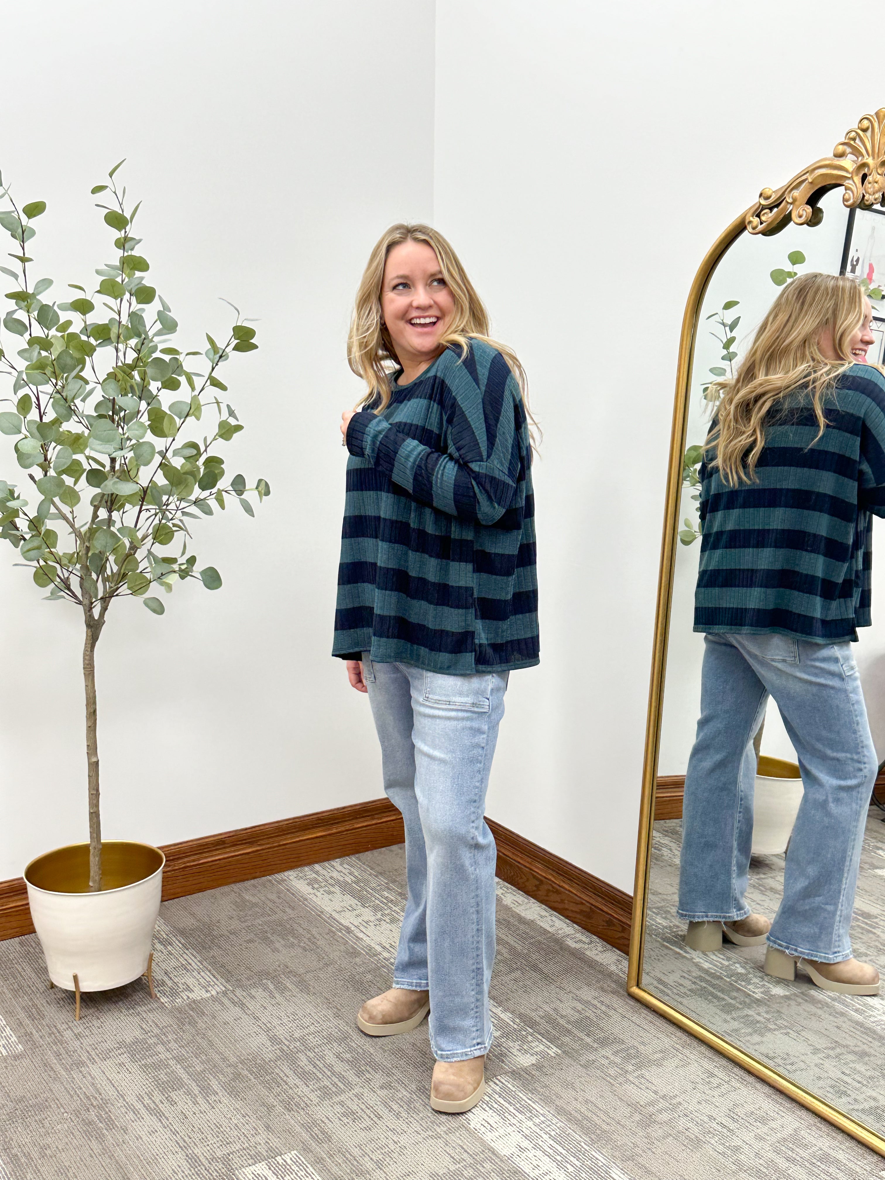 Navy + Green Striped Top