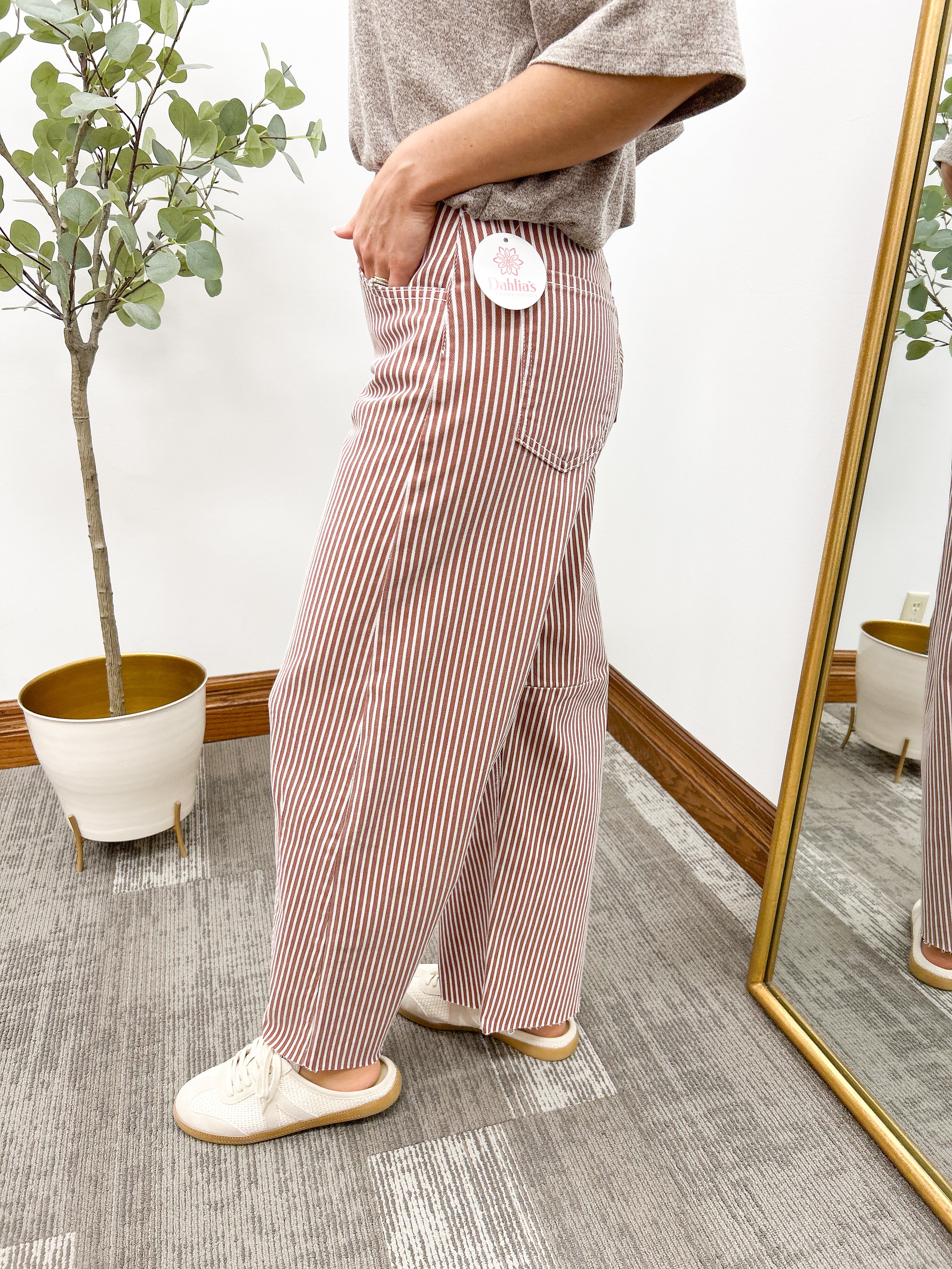 High Rise Spice Brown Striped Barrel Jeans