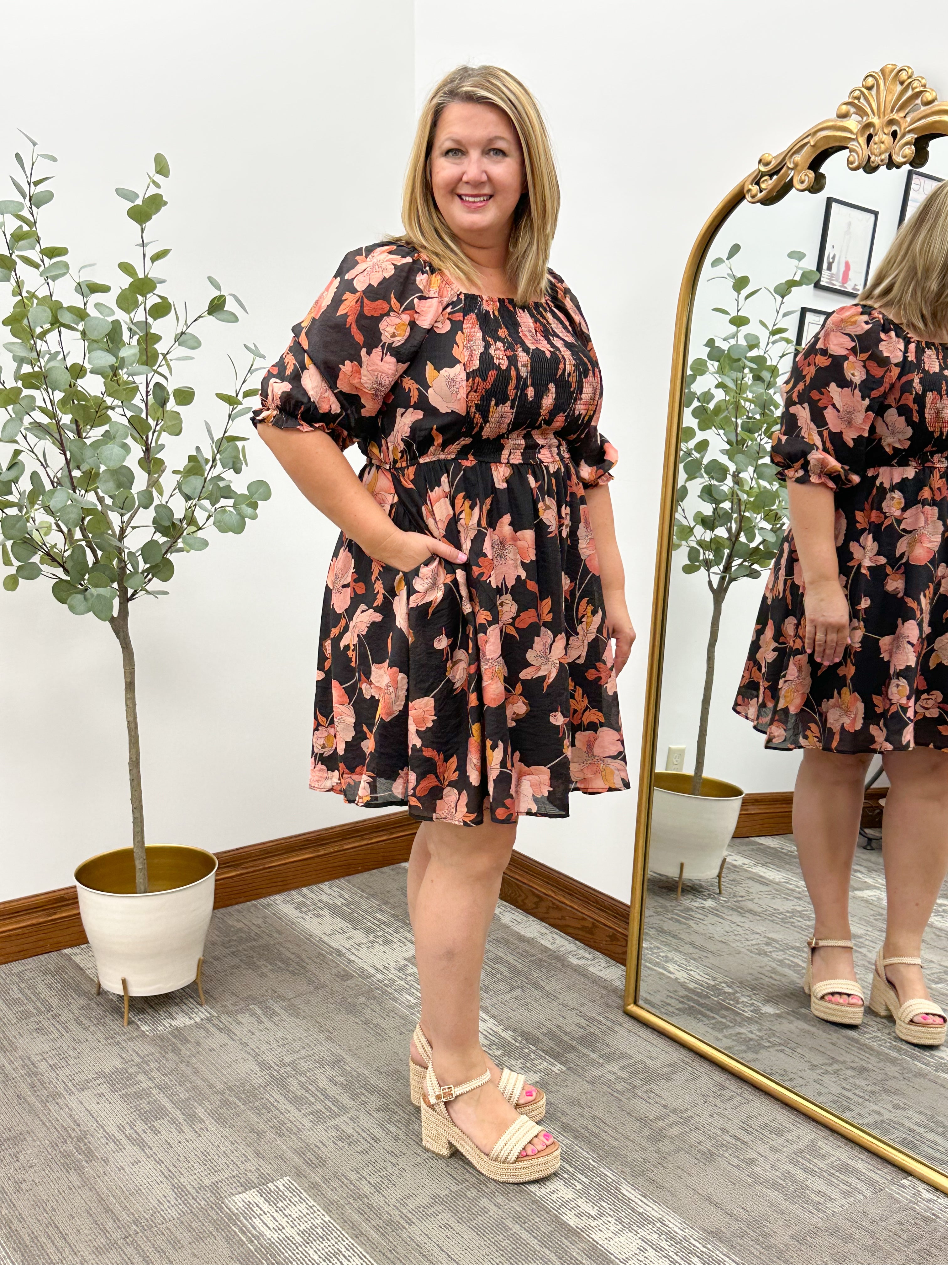 Plus Size Black Fall Floral Print Dress With Pockets