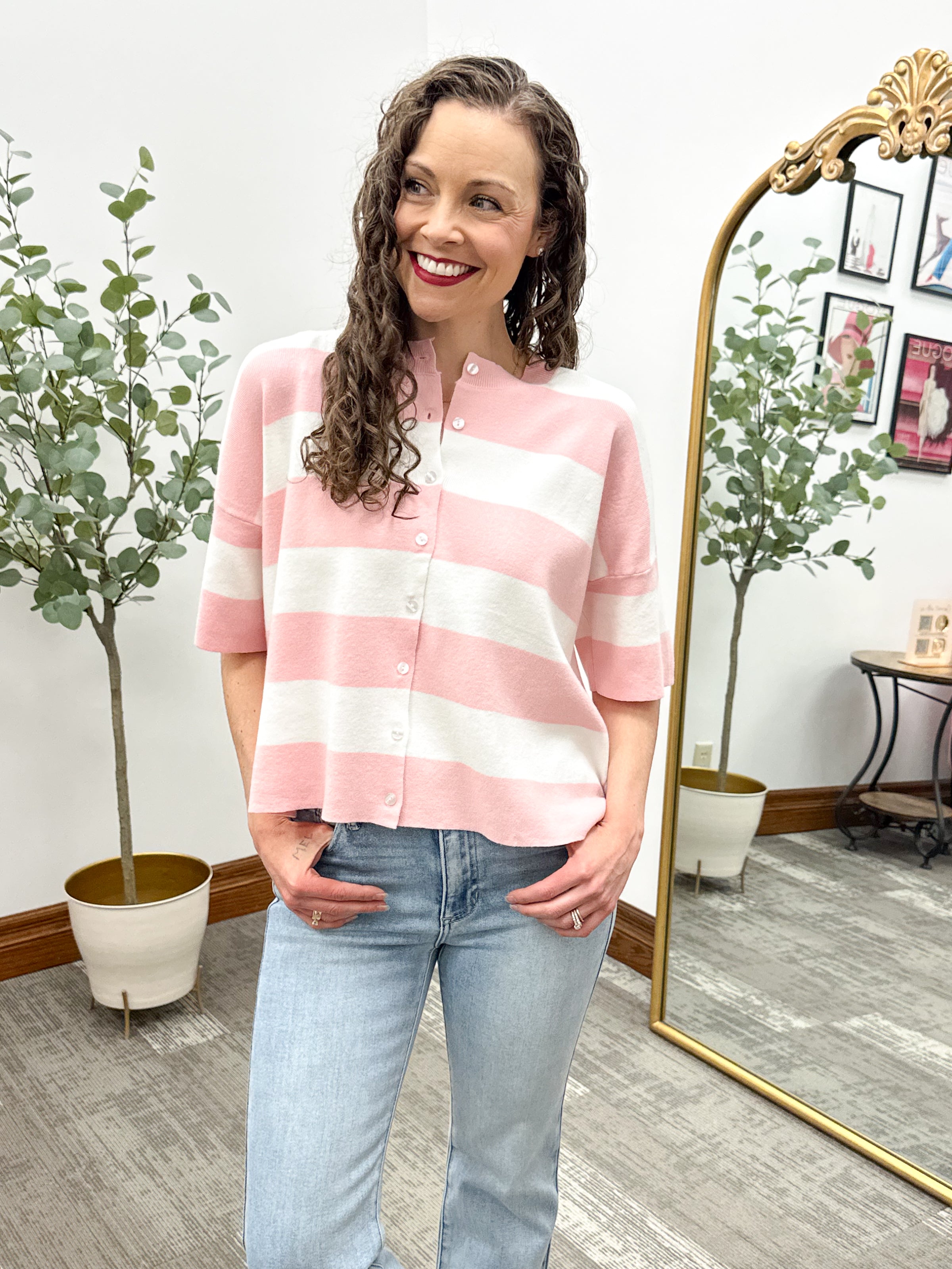 Pink Striped Short Sleeve Knit Cardigan
