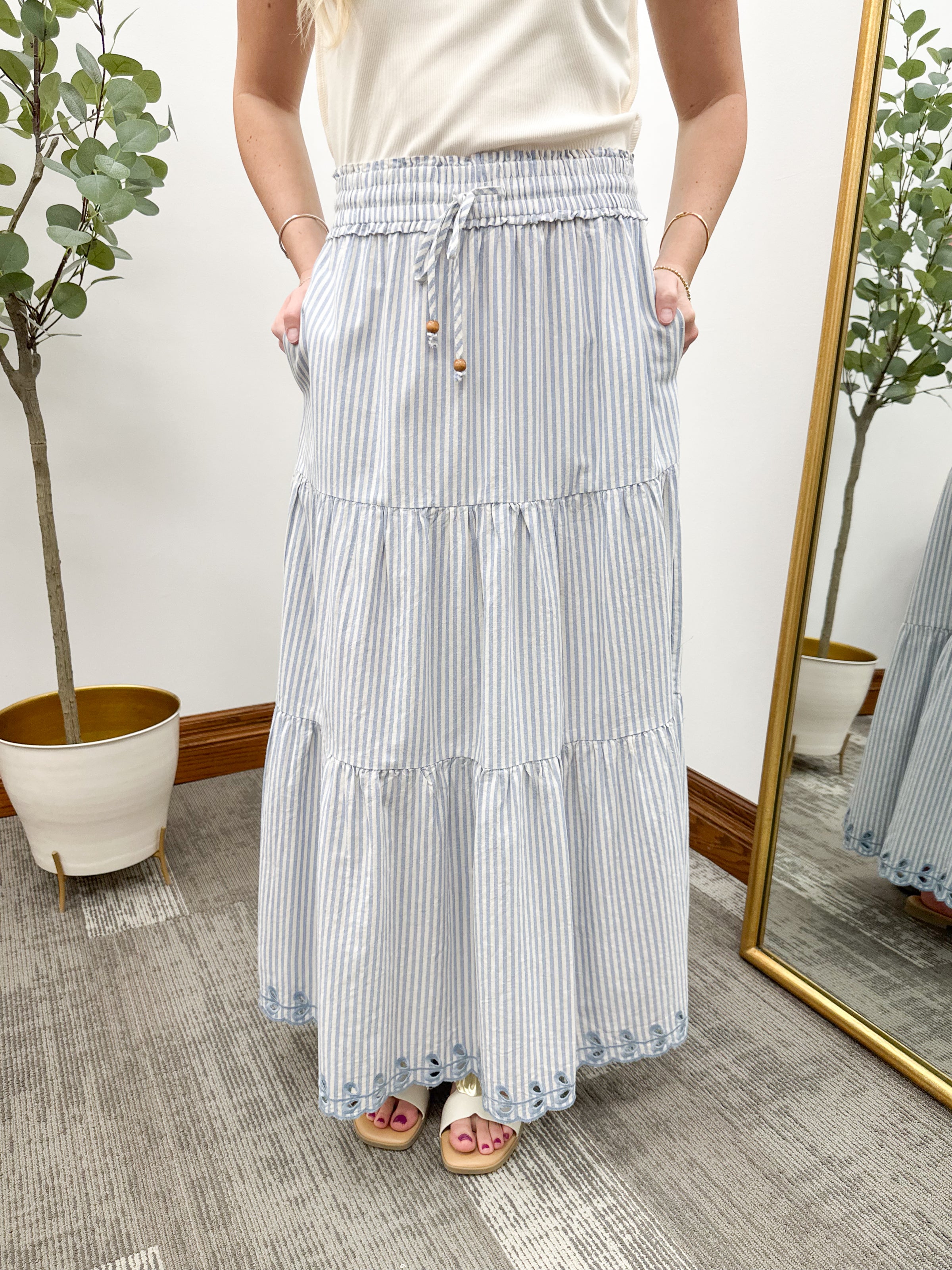Blue striped maxi skirt, cute maxi skirt, long skirt, striped skirt, embroidered skirt, eyelet skirt, family pictures outfits 