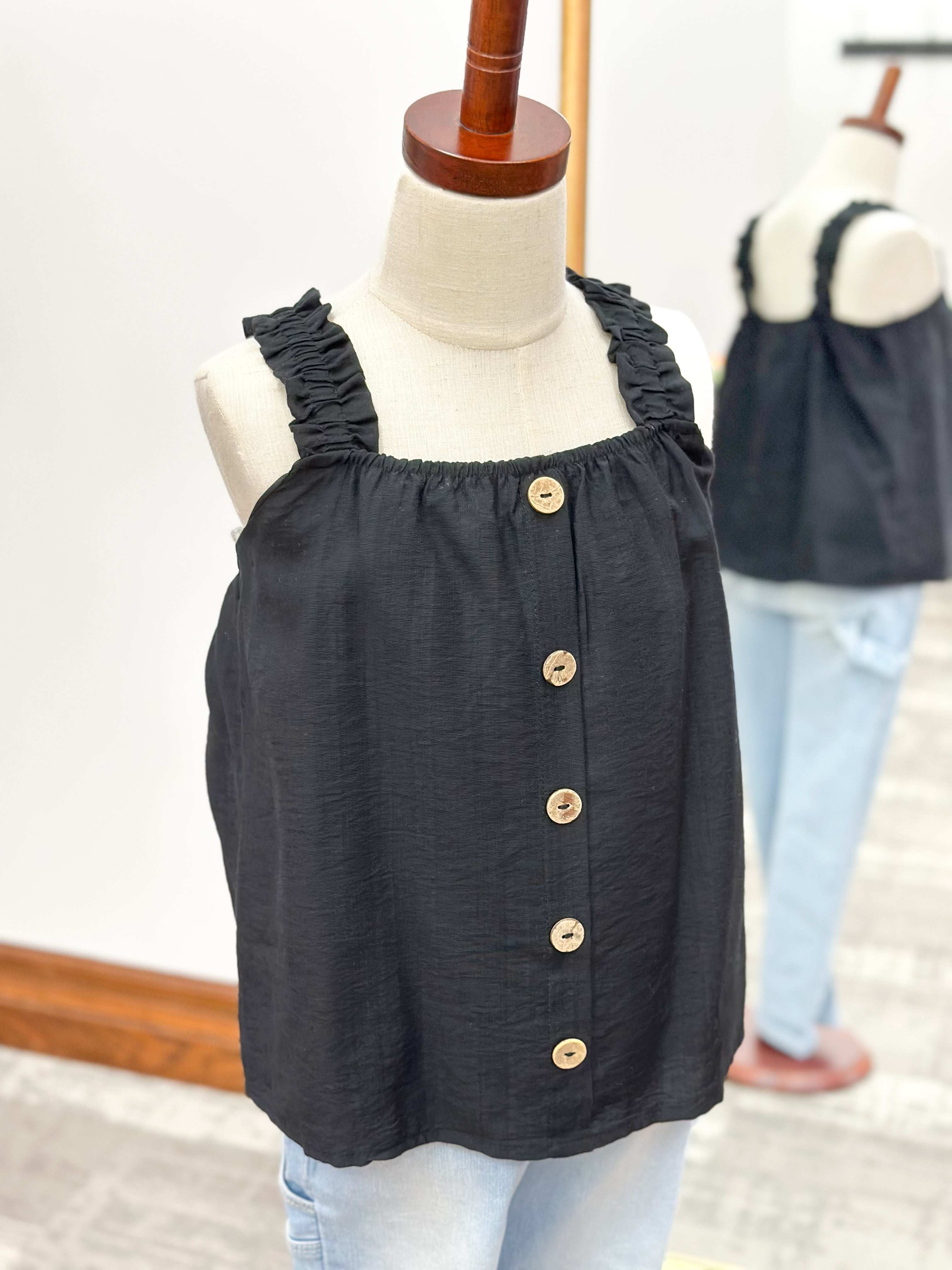 Girls Black Ruffle Strap Tank Top