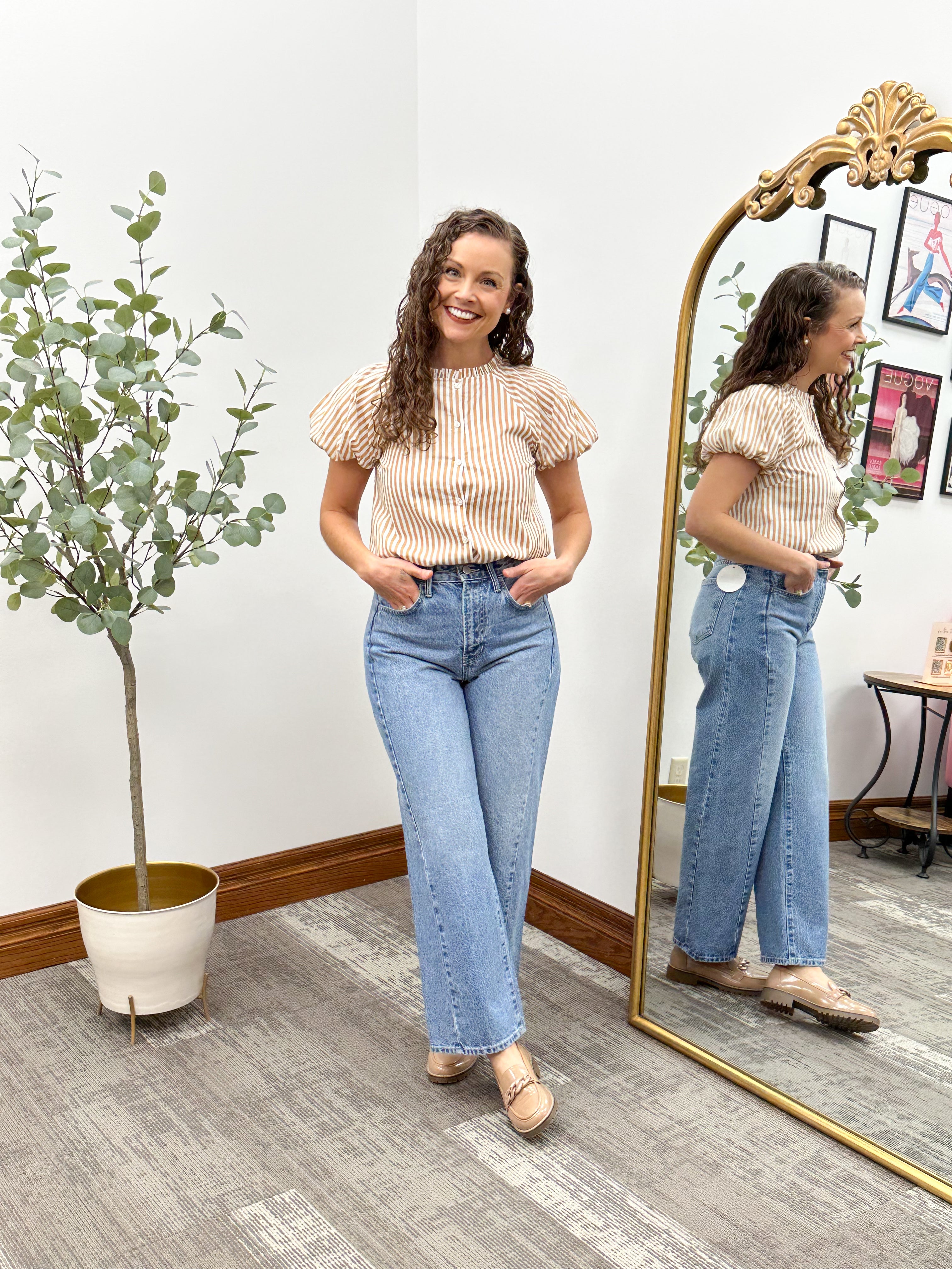 Neutral Striped Puff Sleeve Button Up Top