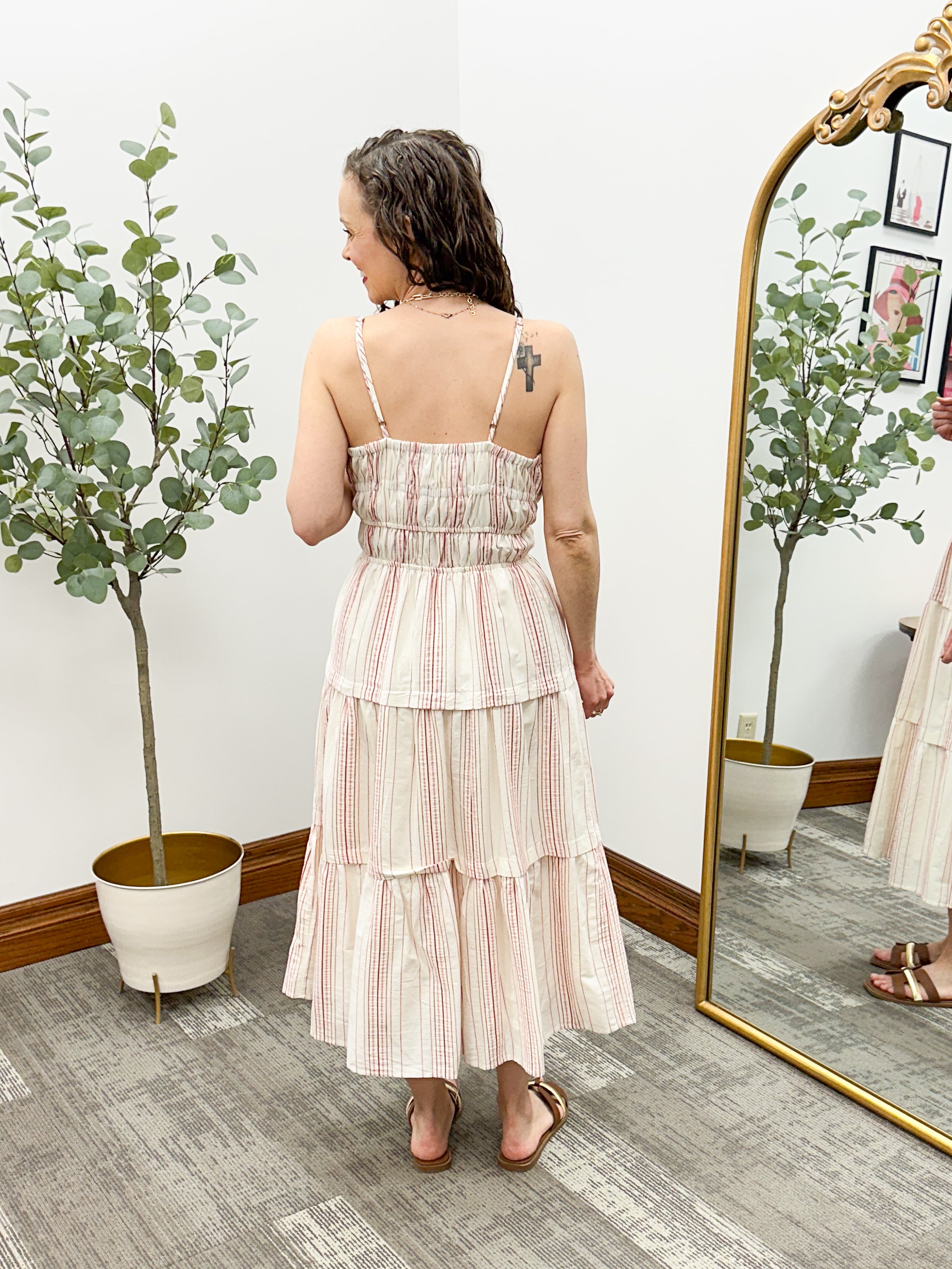 Cream & Red Striped Midi Dress
