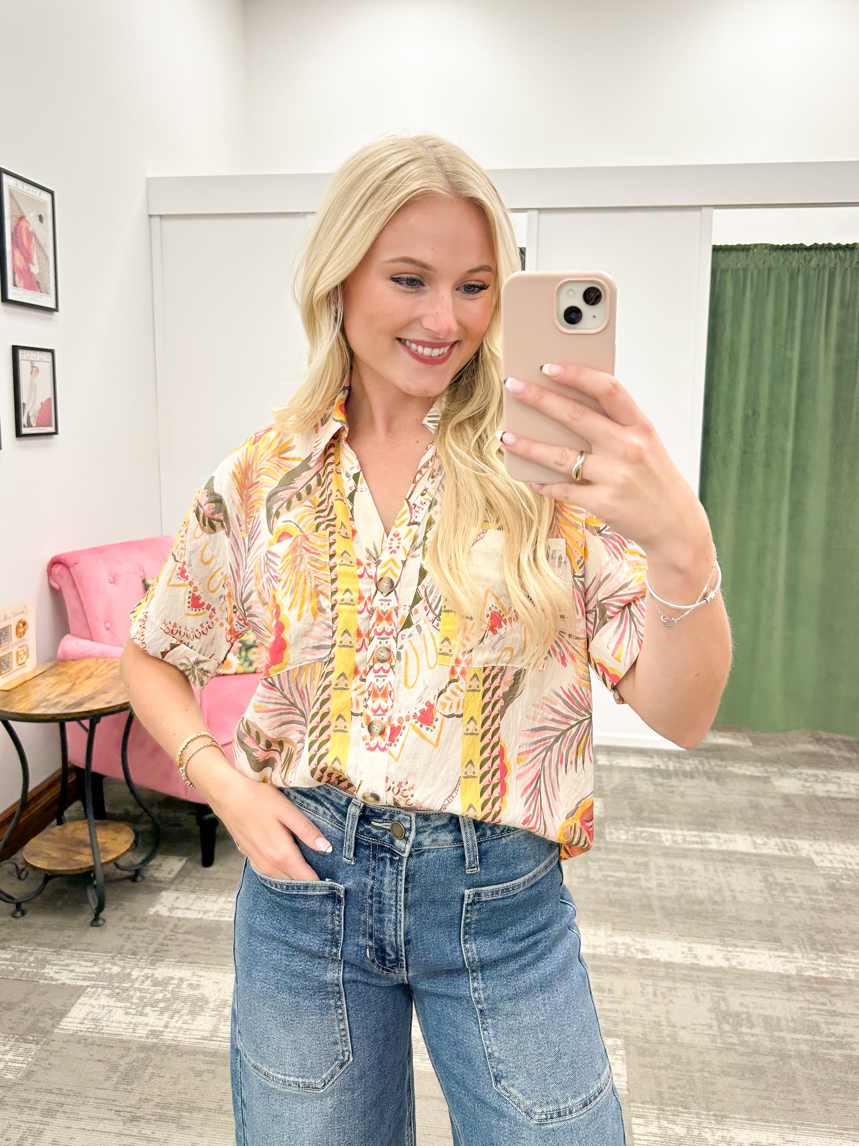 Tropical Print Button Up Top