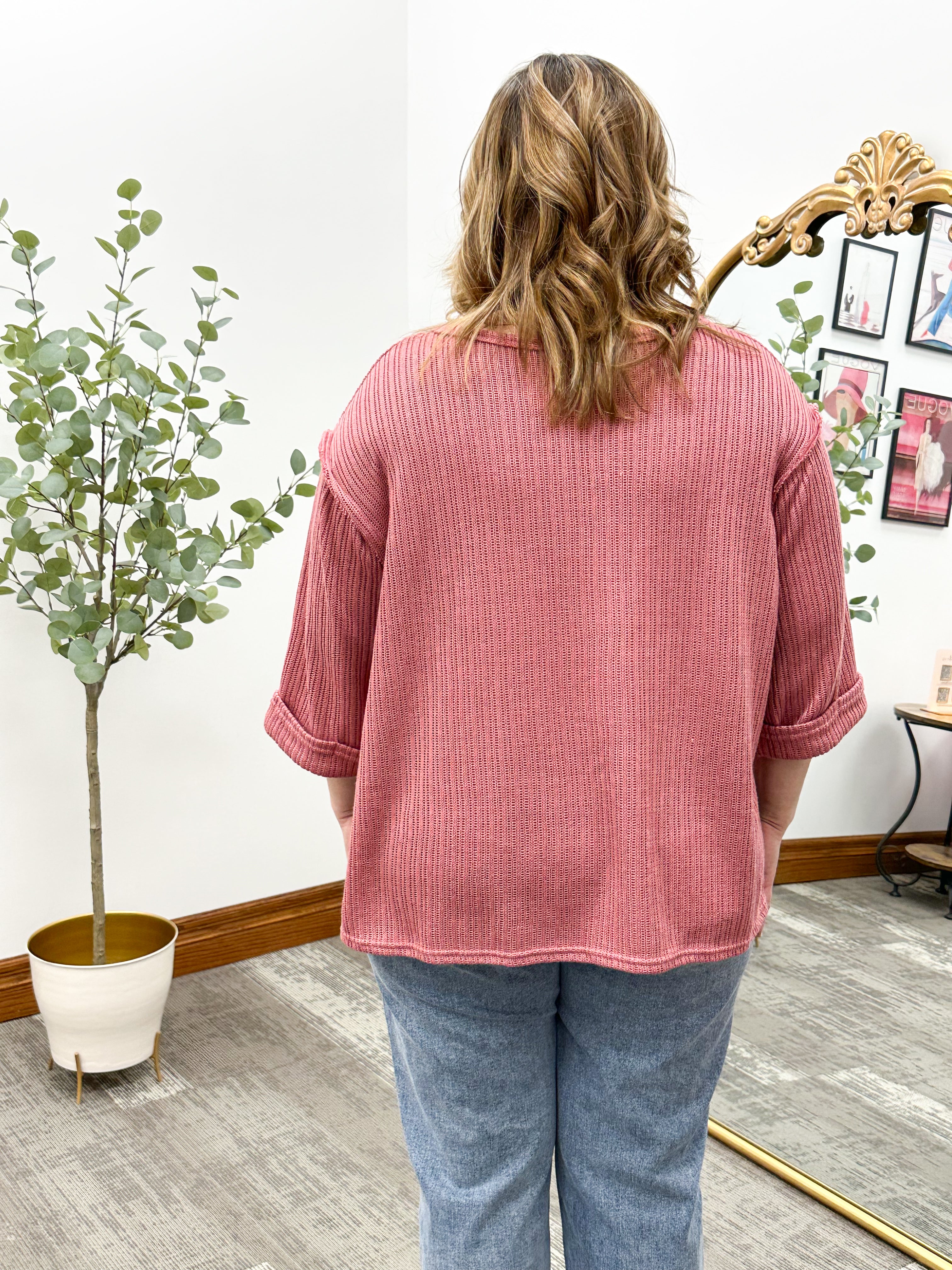 Oversized 3/4 Sleeve Mauve Knit Top