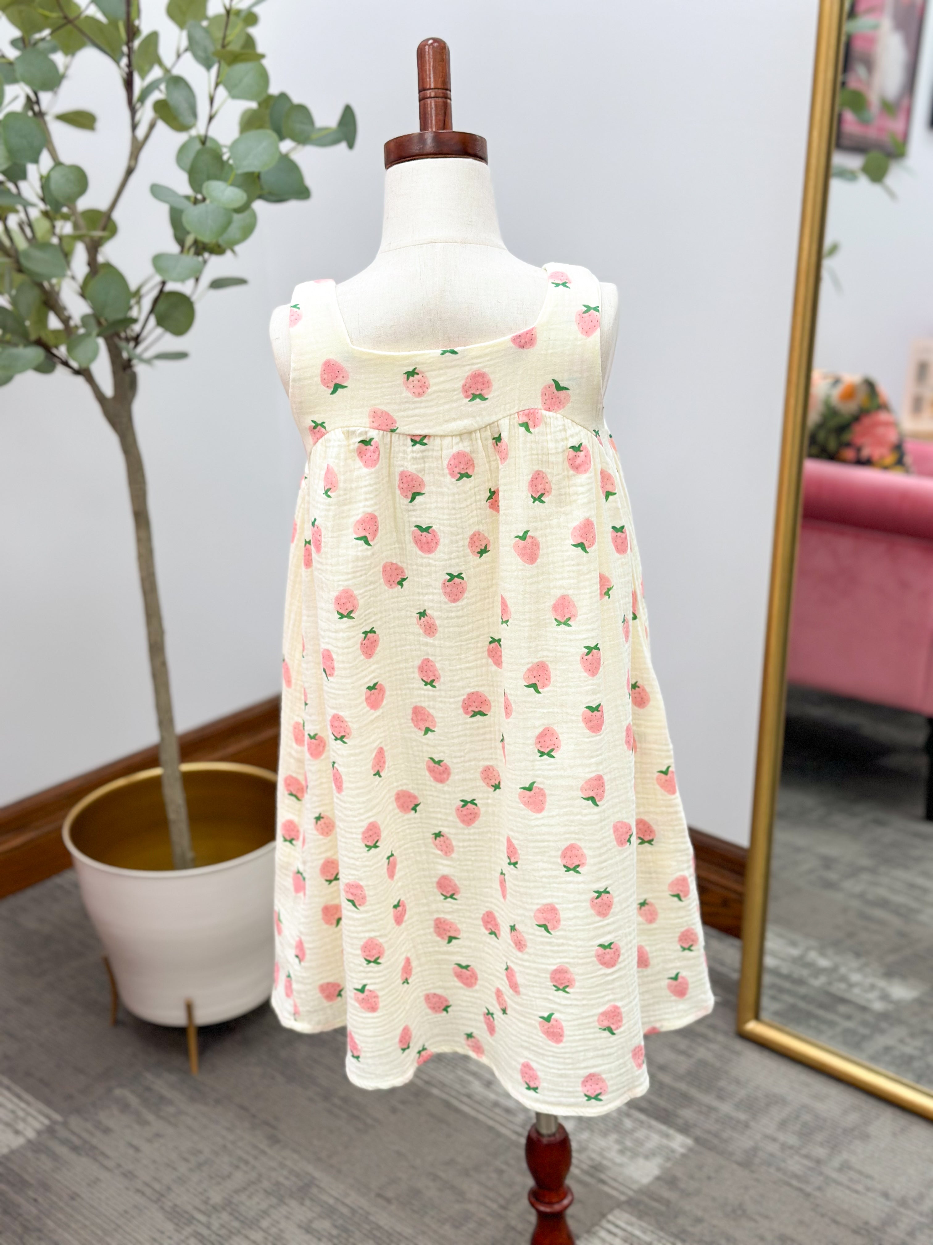 Girls Strawberry Print Muslin Dress