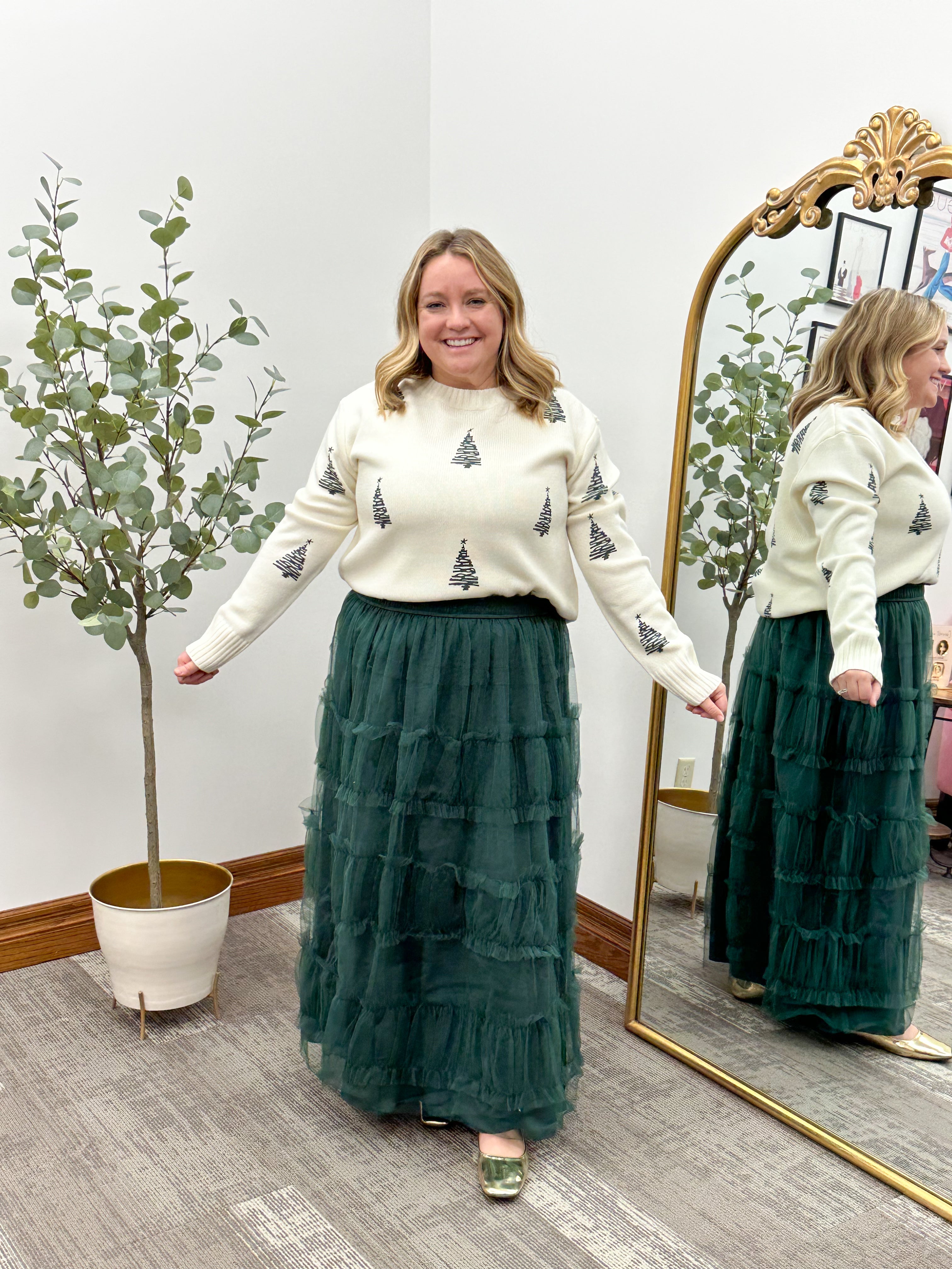 Green Tiered Mesh A-Line Maxi Skirt