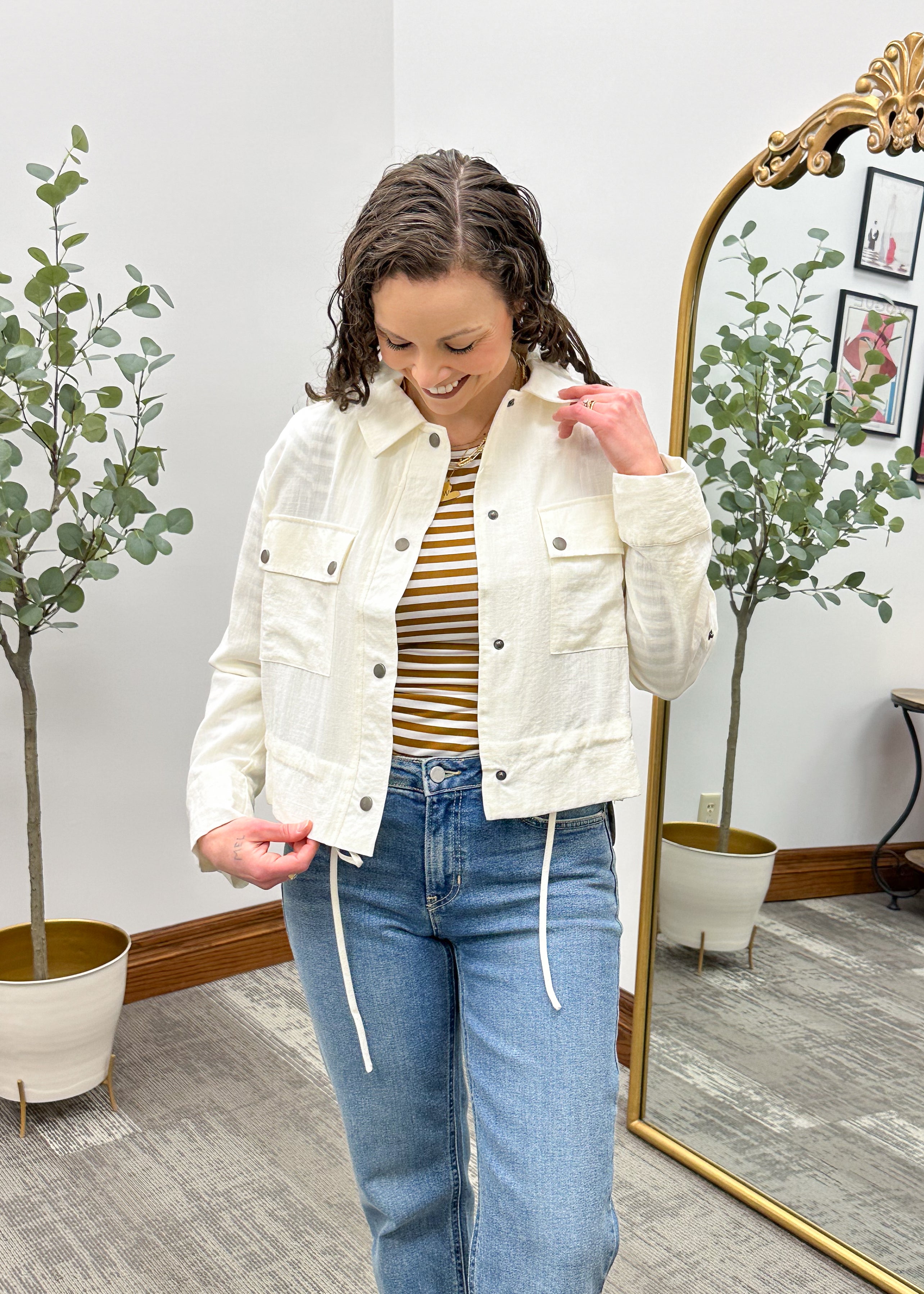 Cream Drawstring Waist Lightweight Jacket