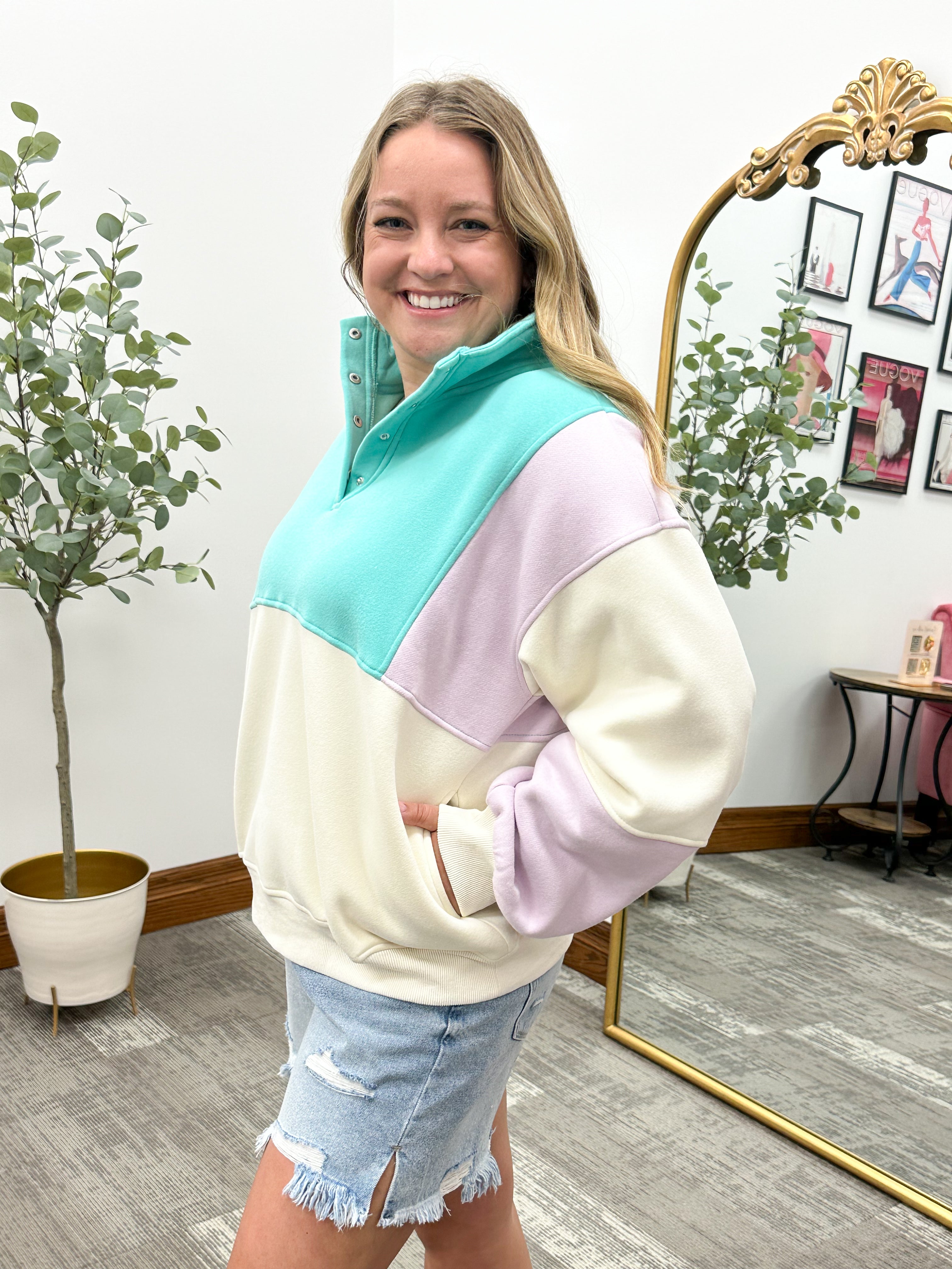 Lilac Colorblock 1/4 Button Pullover