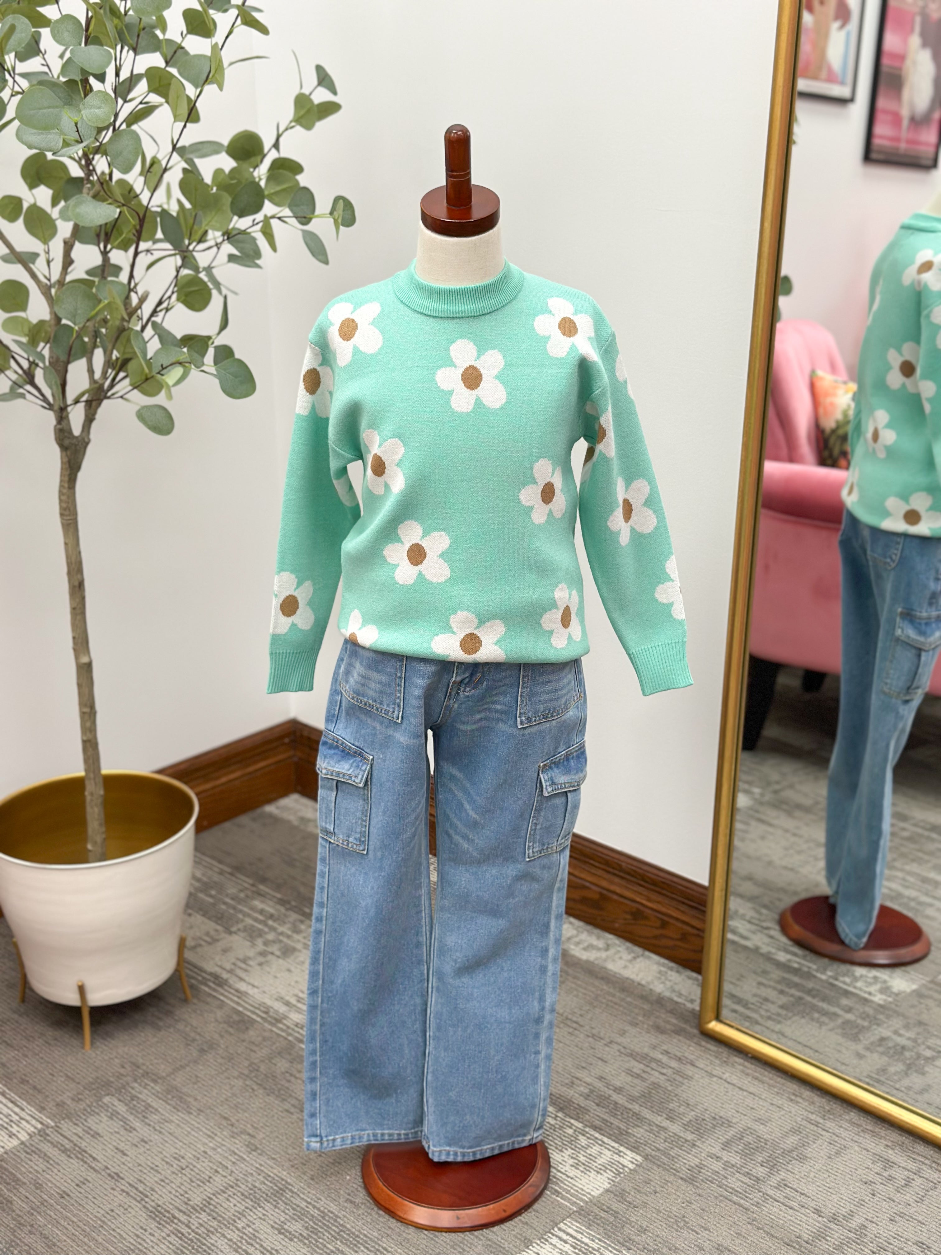 Girls Mint Floral Sweater