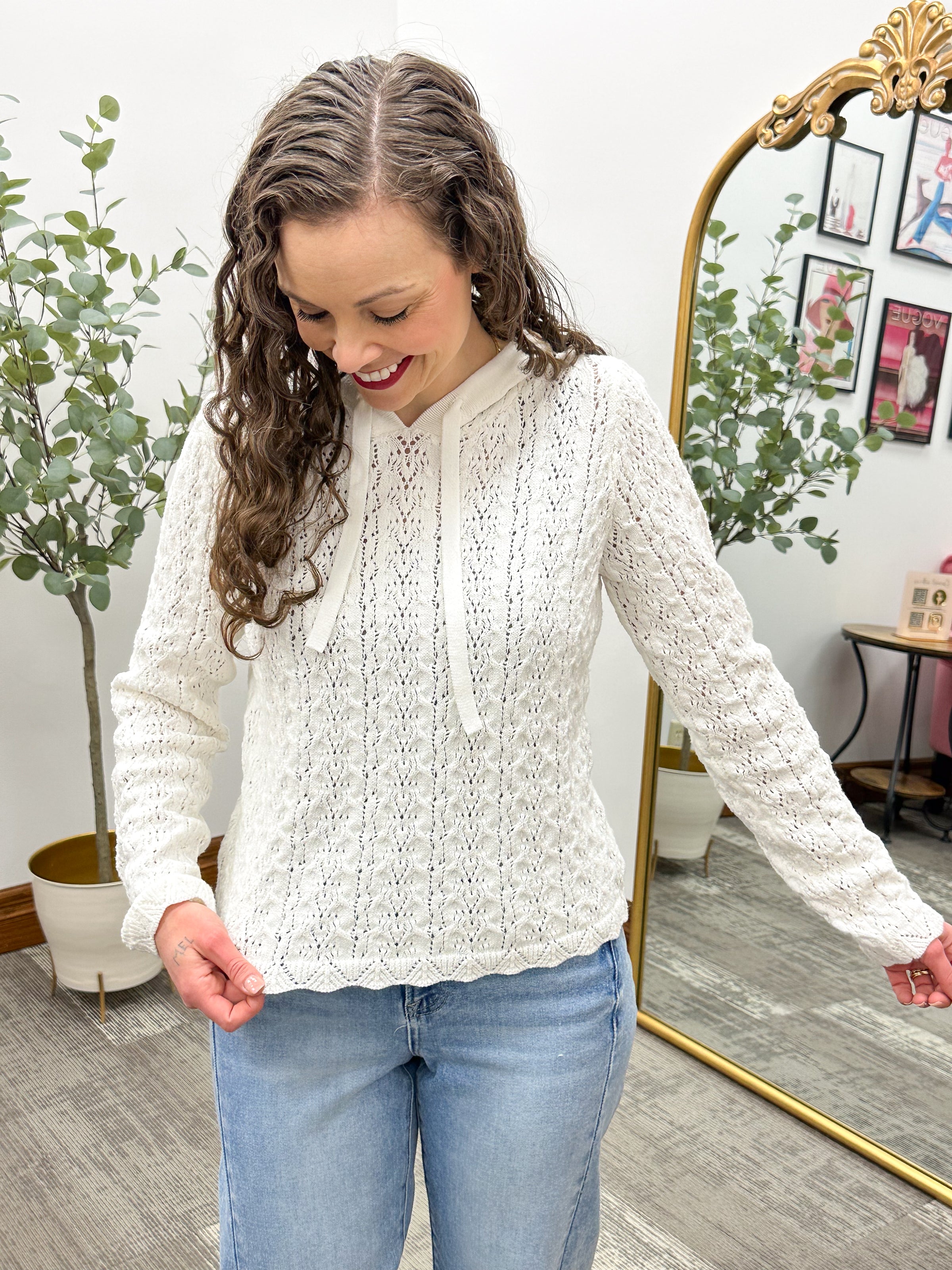 Ivory Eyelet Knit Hooded Pullover