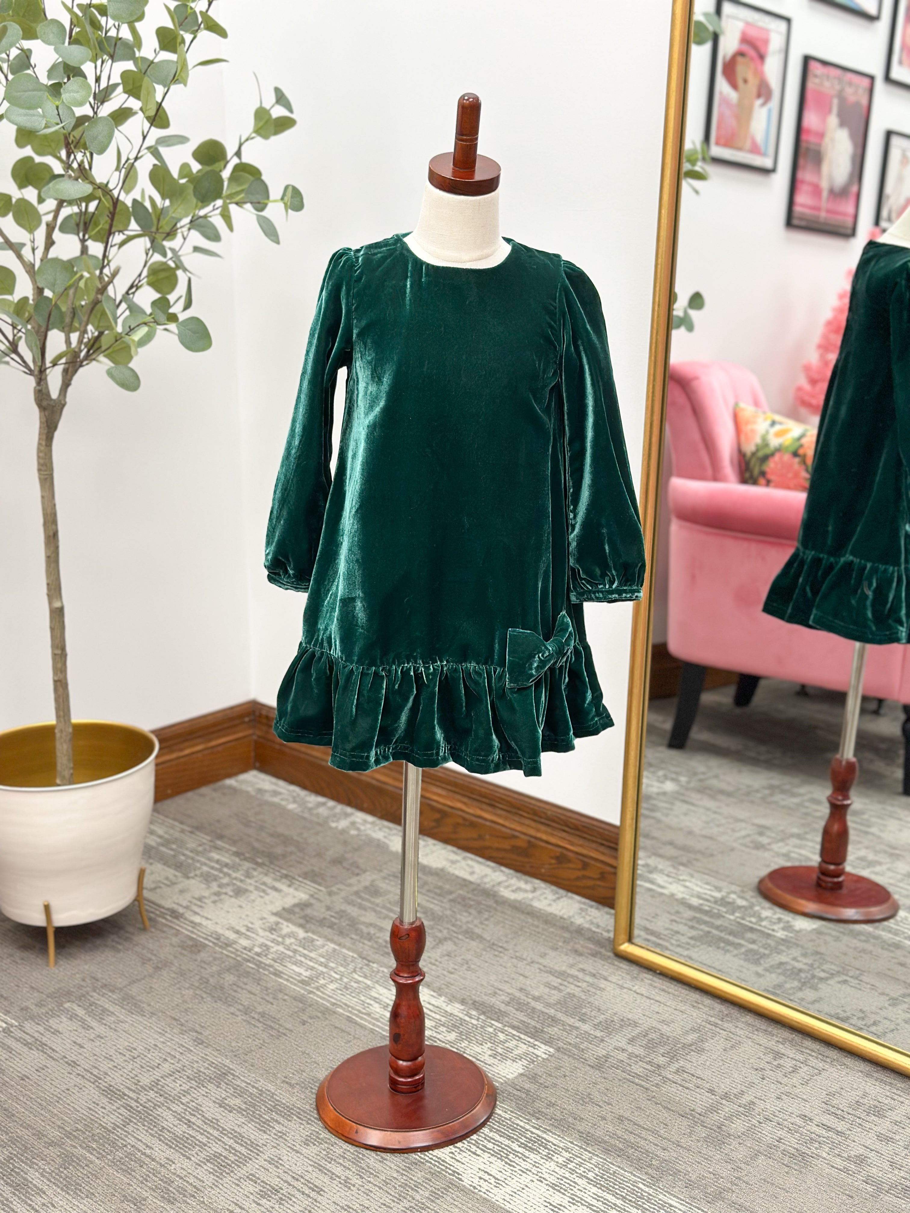 Girls Hunter Green Velvet Dress