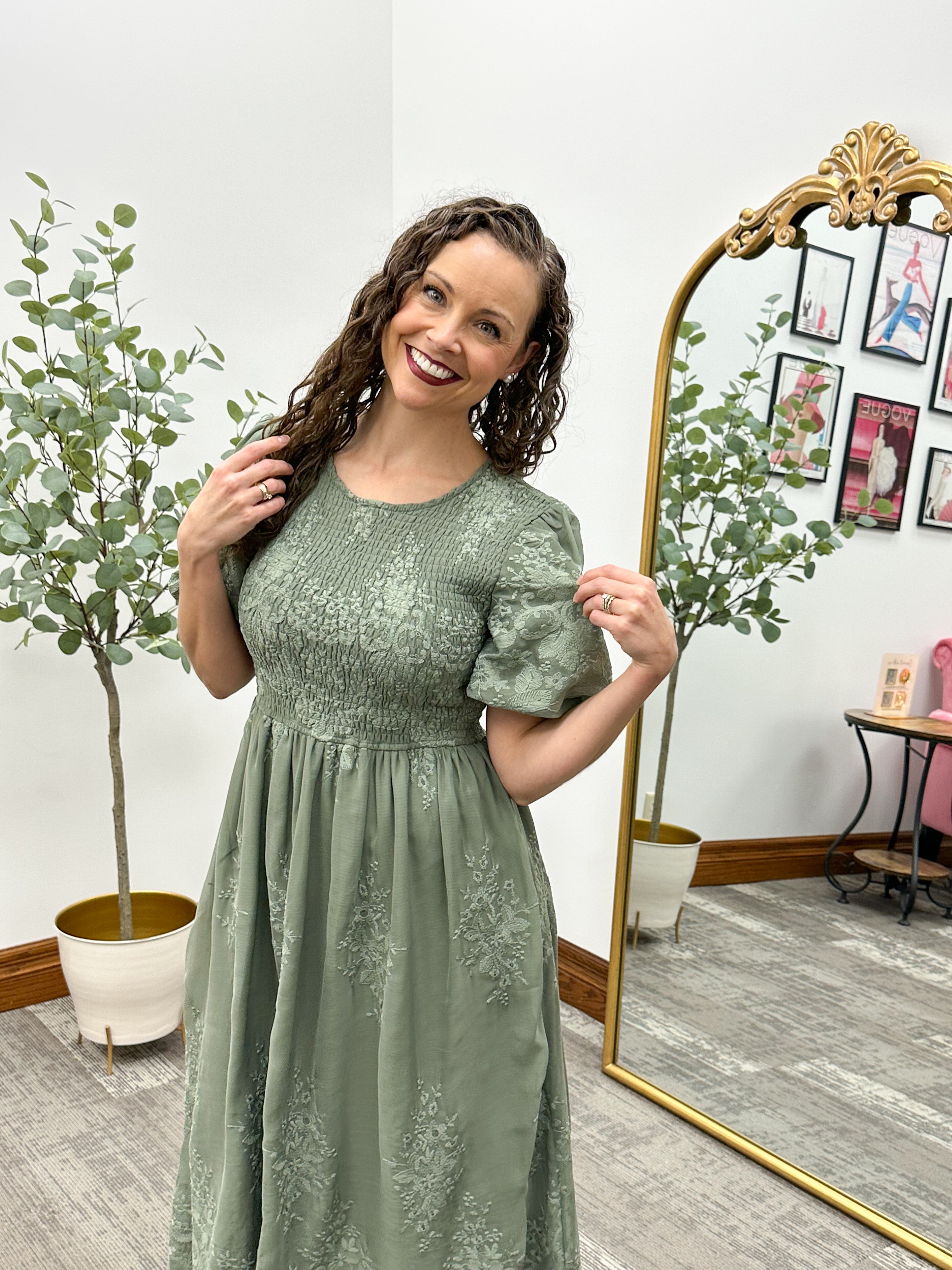 Olive Floral Embroidered Midi Dress