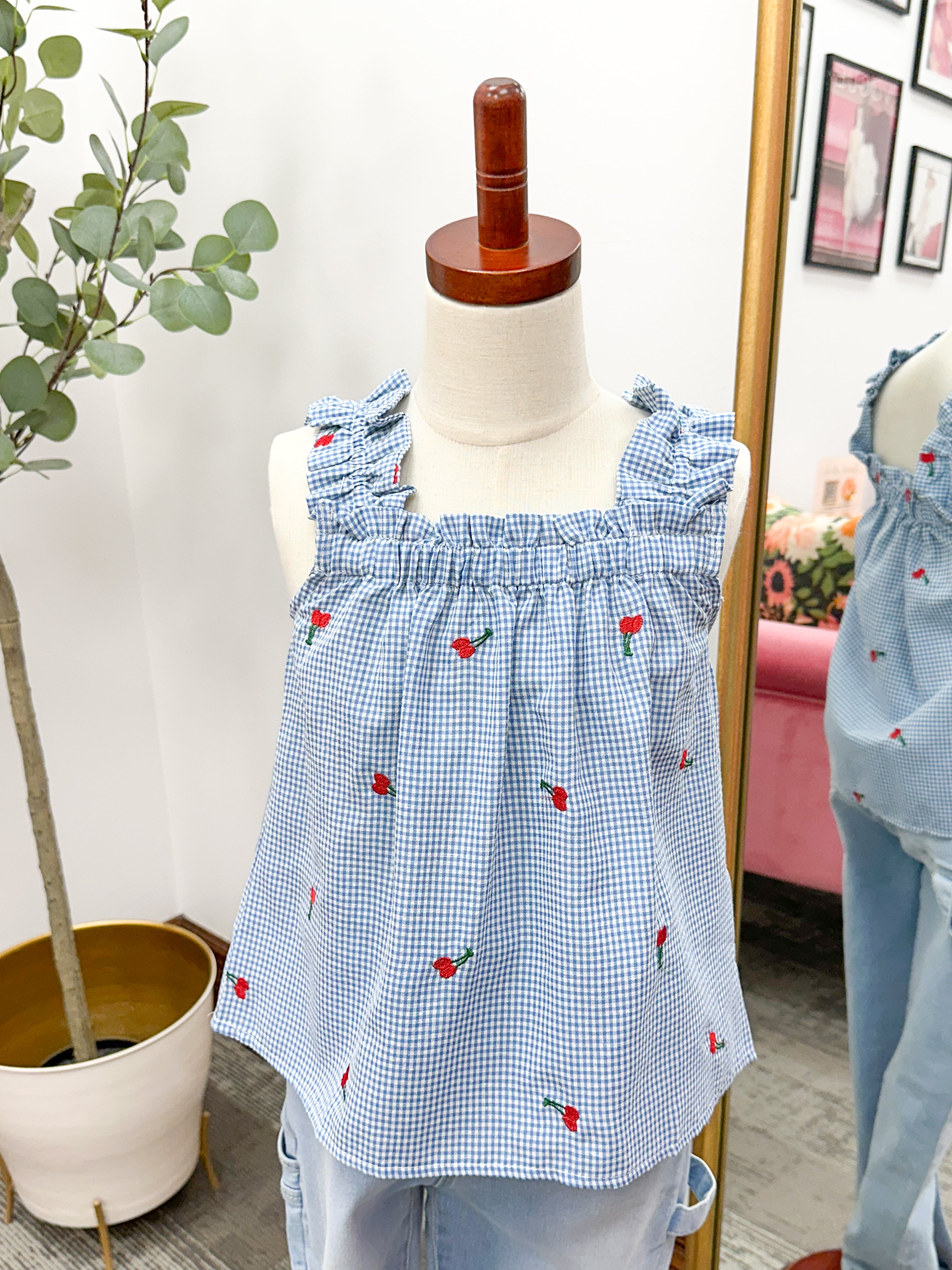 Girls Blue Gingham Cherry Tank Top