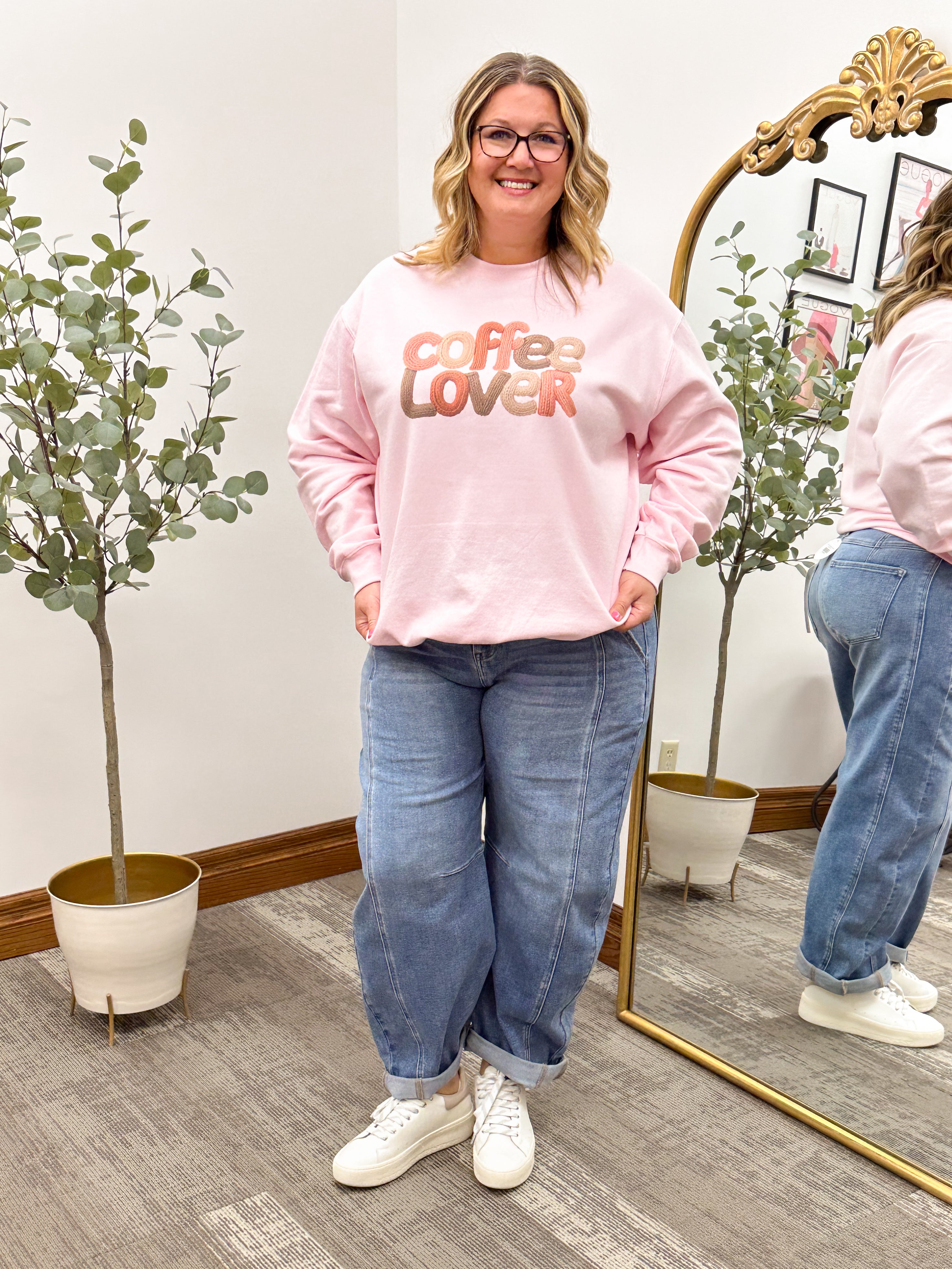 "Coffee Lover" Knit Yarn Print Pink Crewneck Sweatshirt