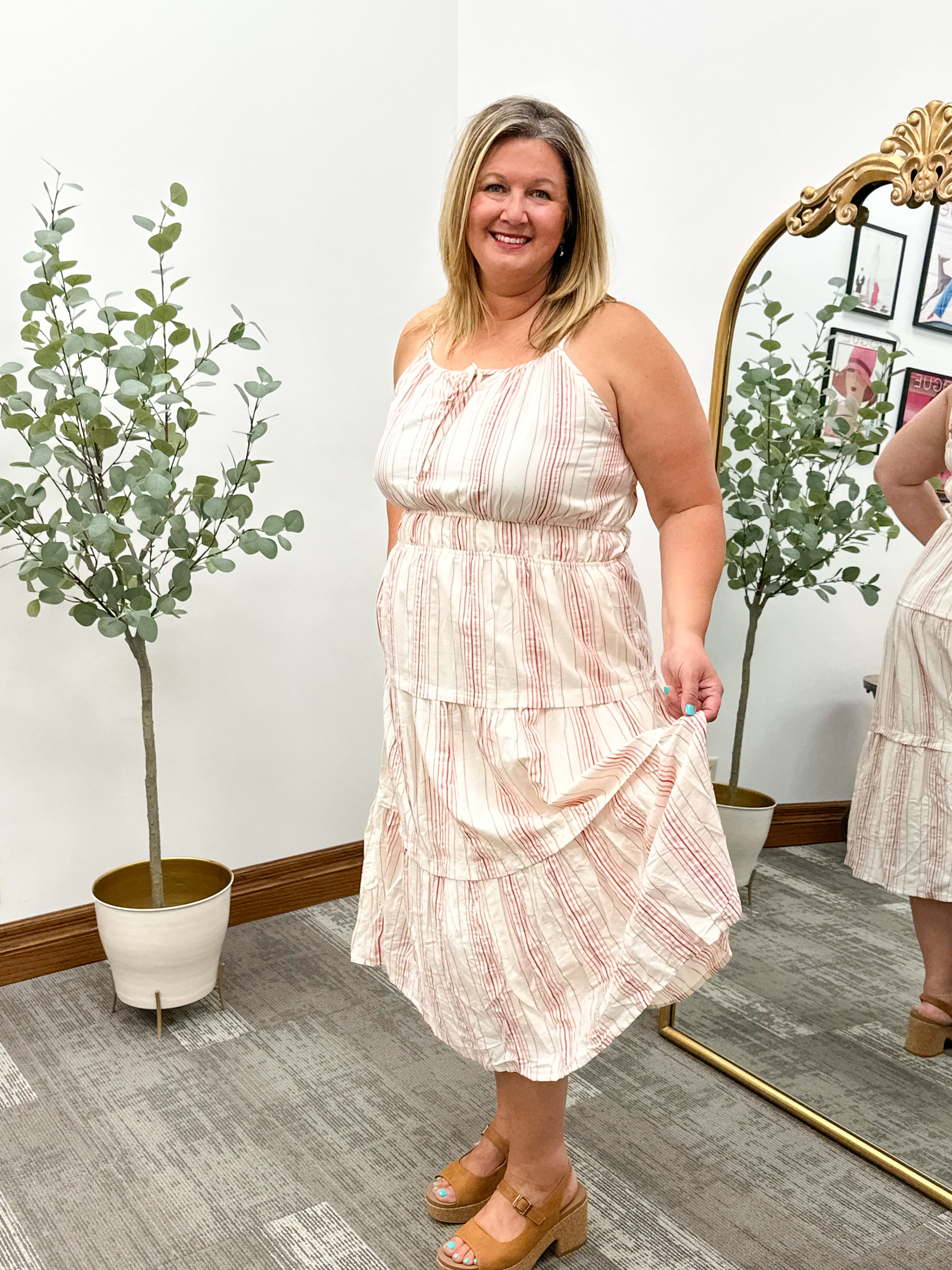 Cream & Red Striped Midi Dress
