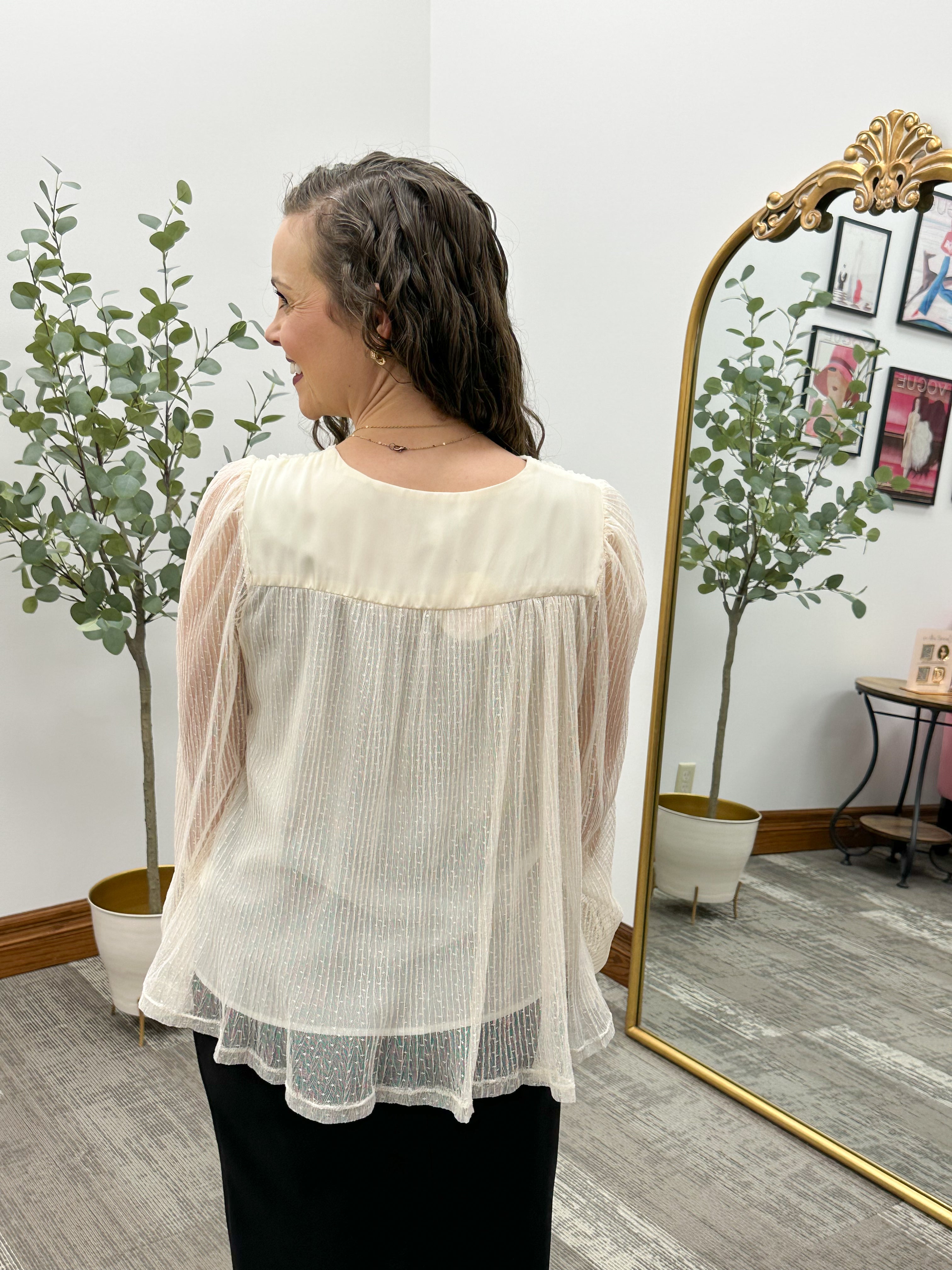 Cream Textured Mesh Button Up Blouse