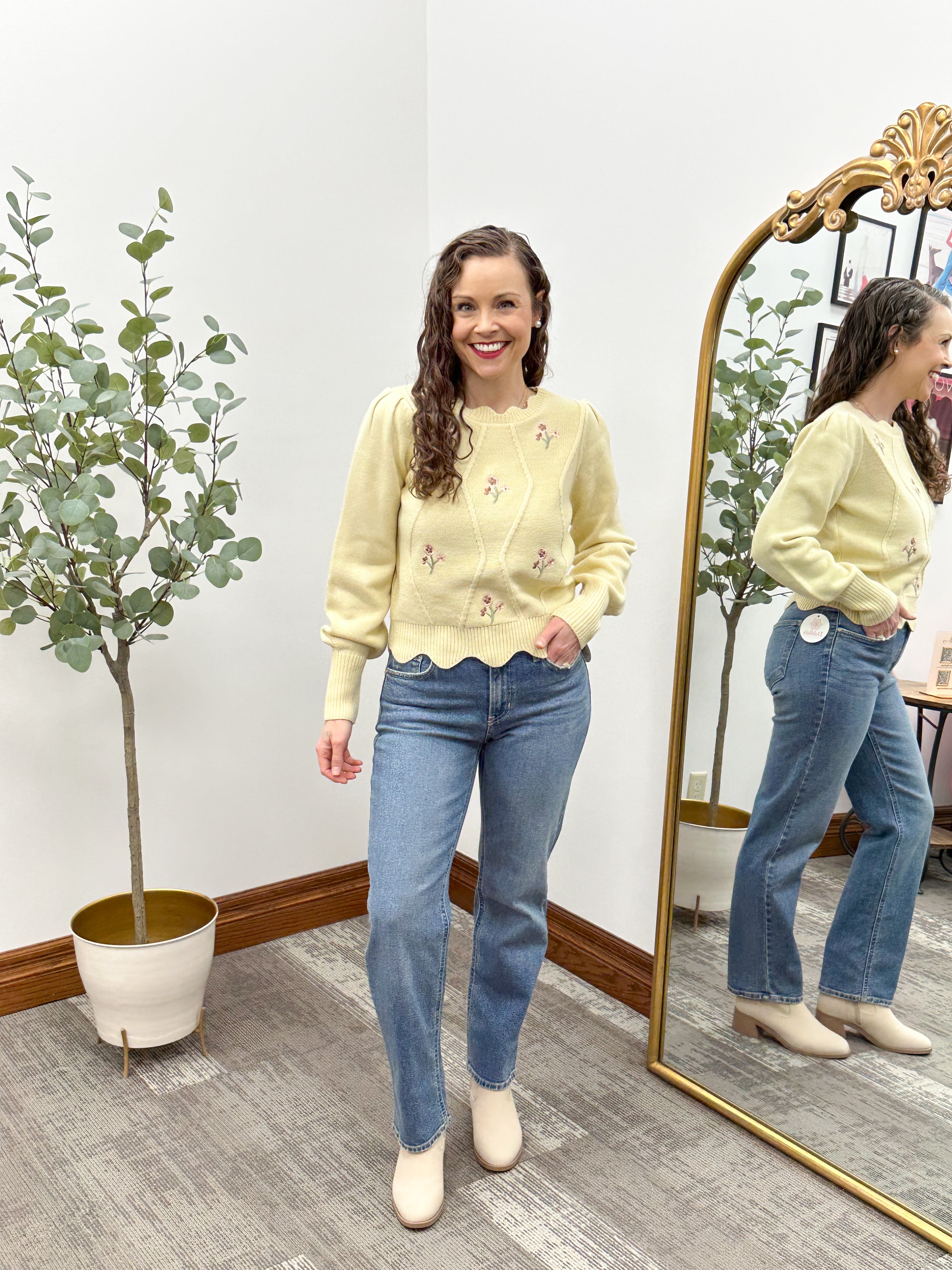 Floral Embroidered Yellow Sweater