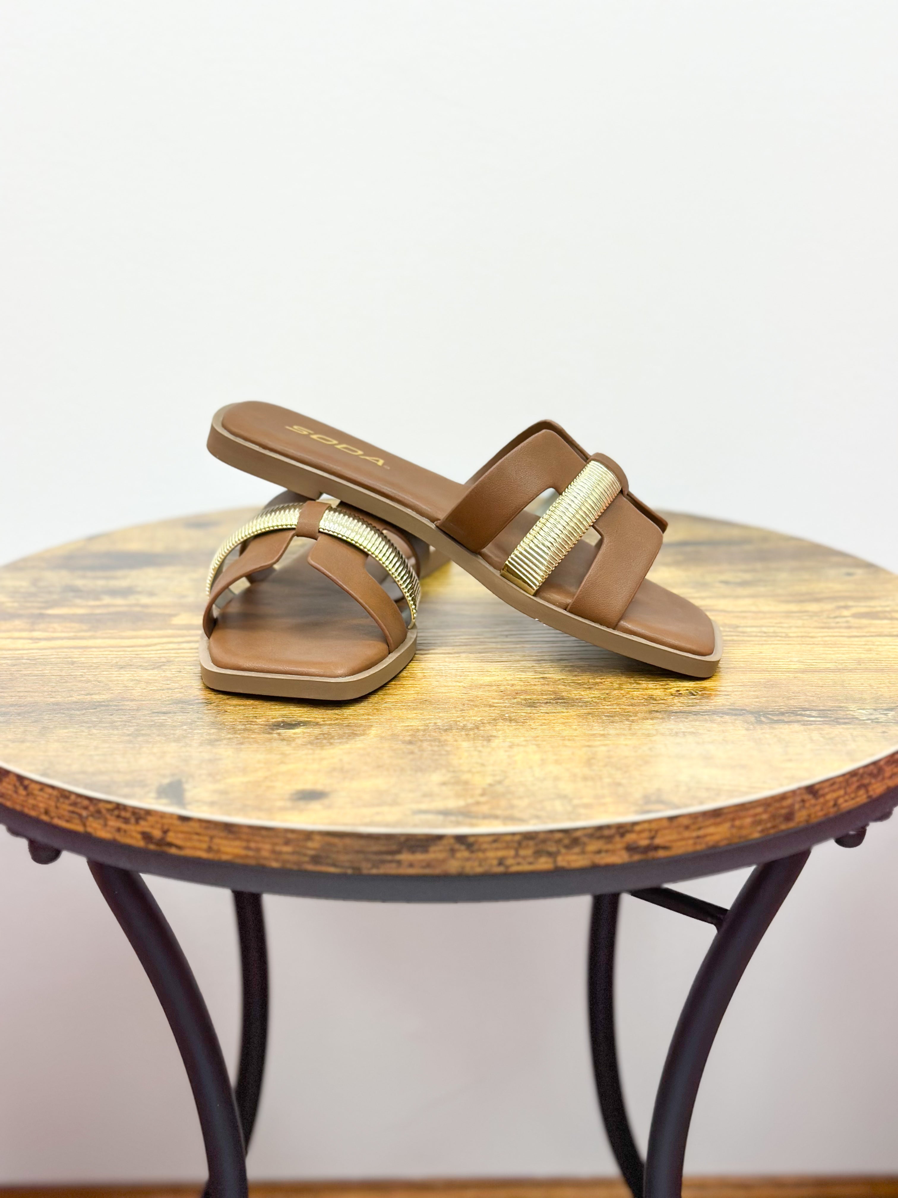 Brown & Gold Flat Dressy Sandals