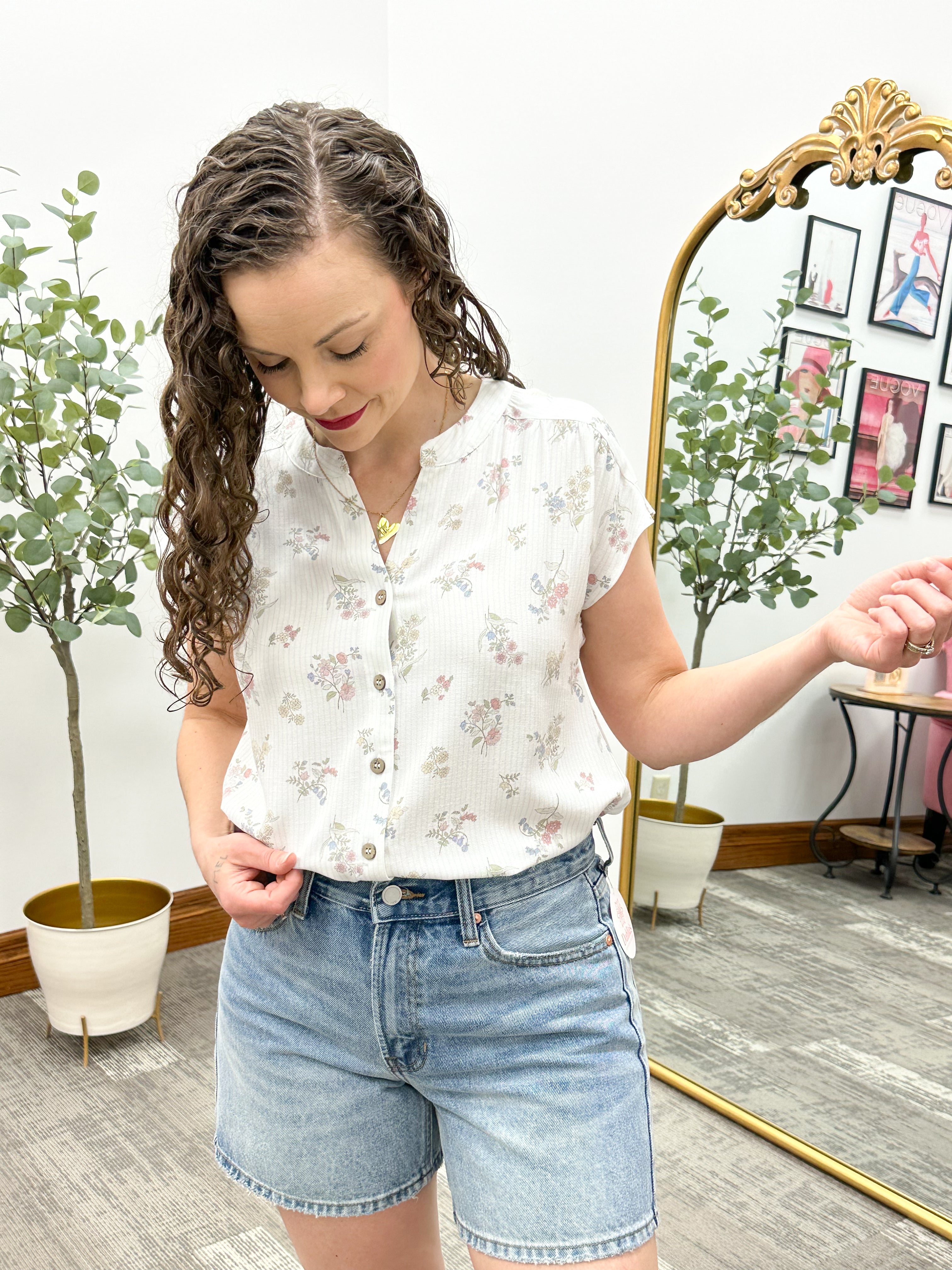 Striped Floral Print Linen Top