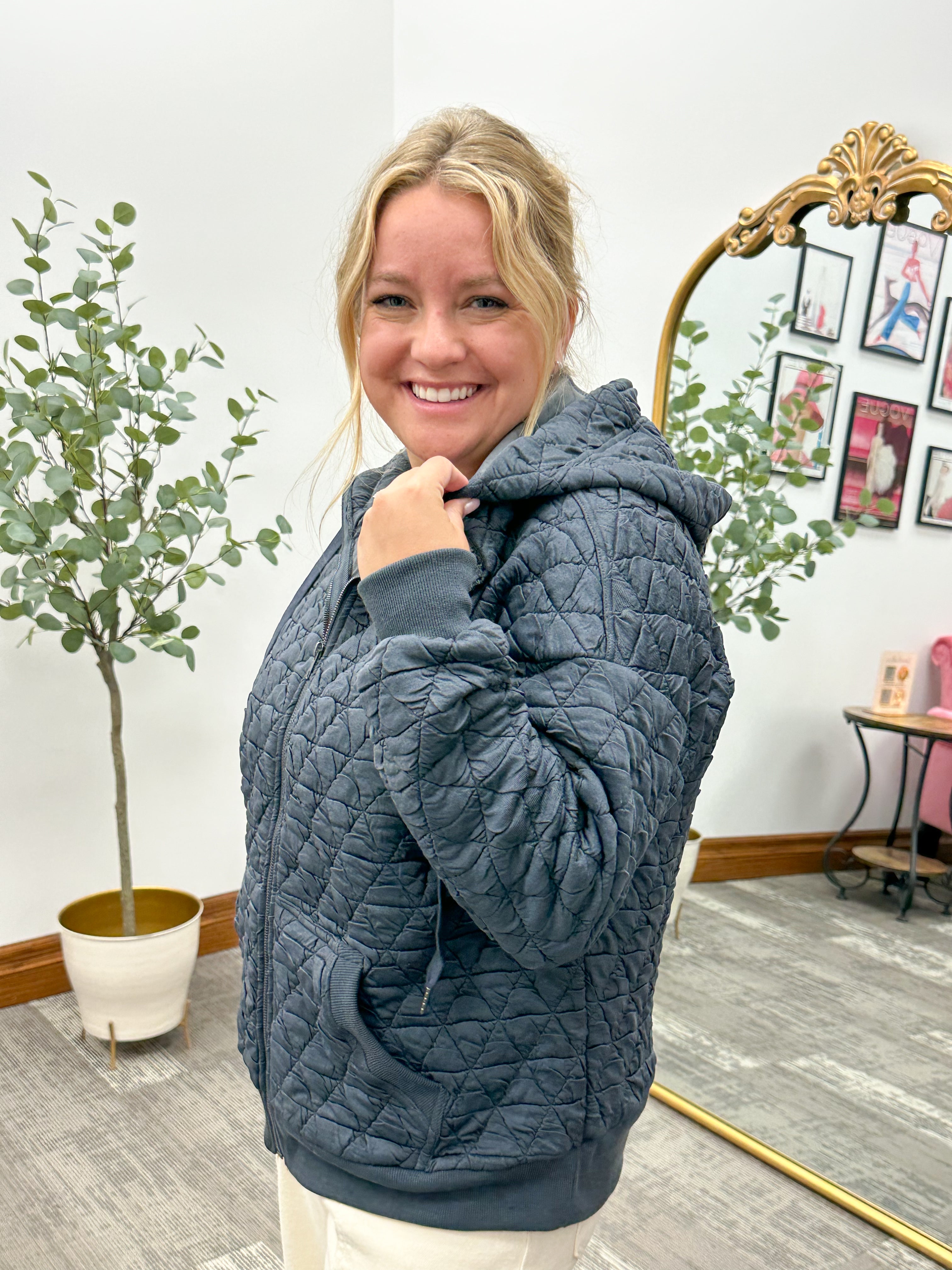 Navy Quilted Zip Up Hoodie Sweatshirt