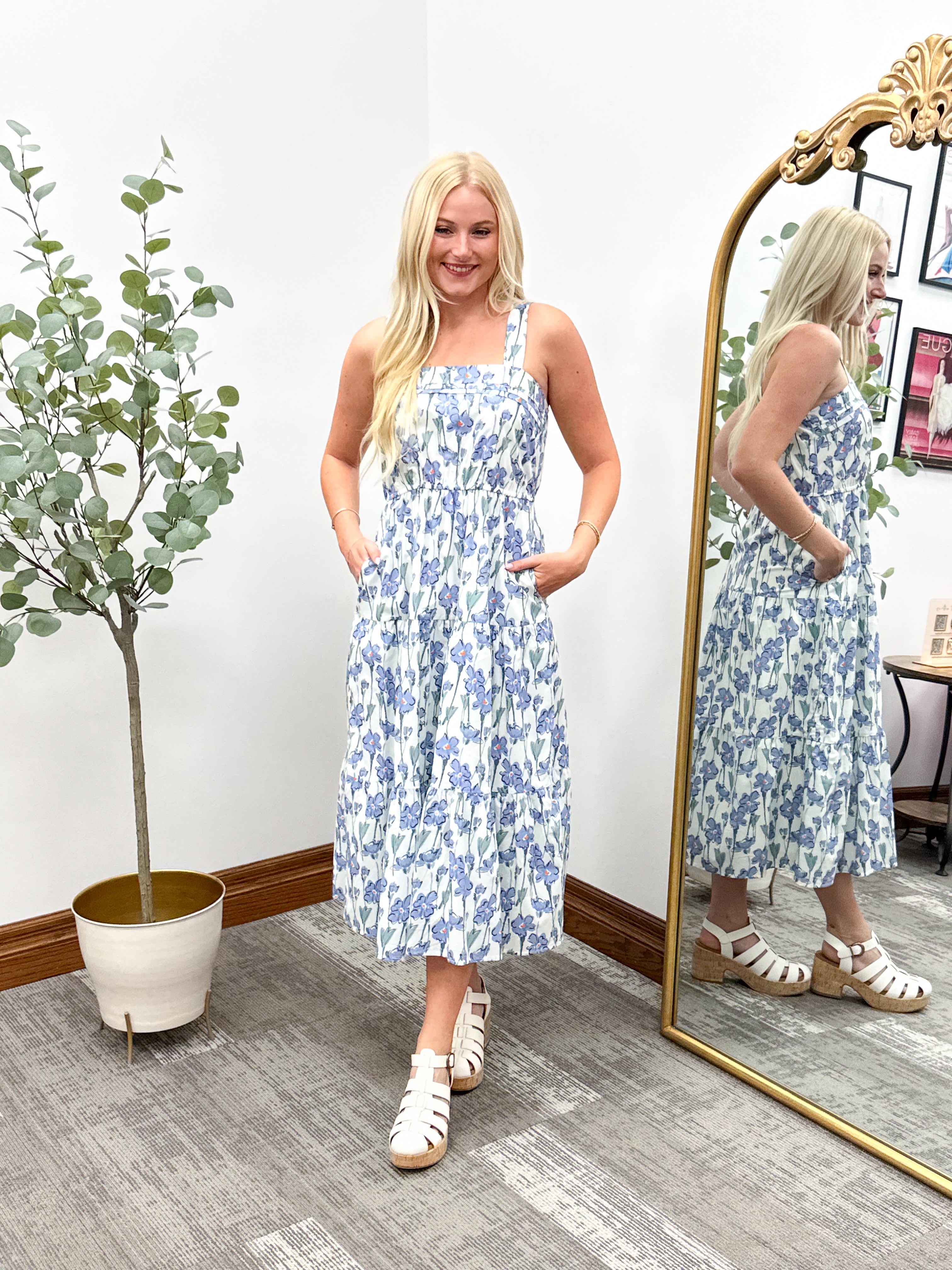 Blue Floral Poplin Midi Dress