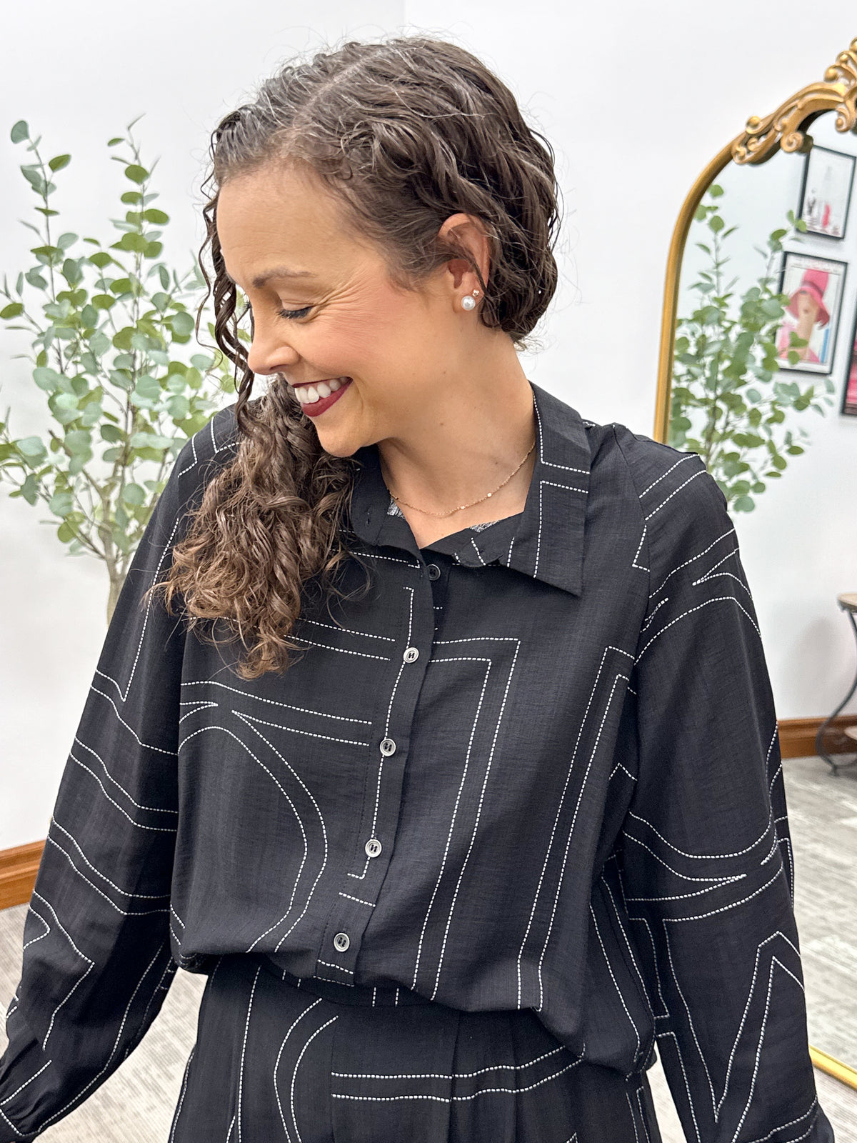Black Line Stitch Button Up Blouse