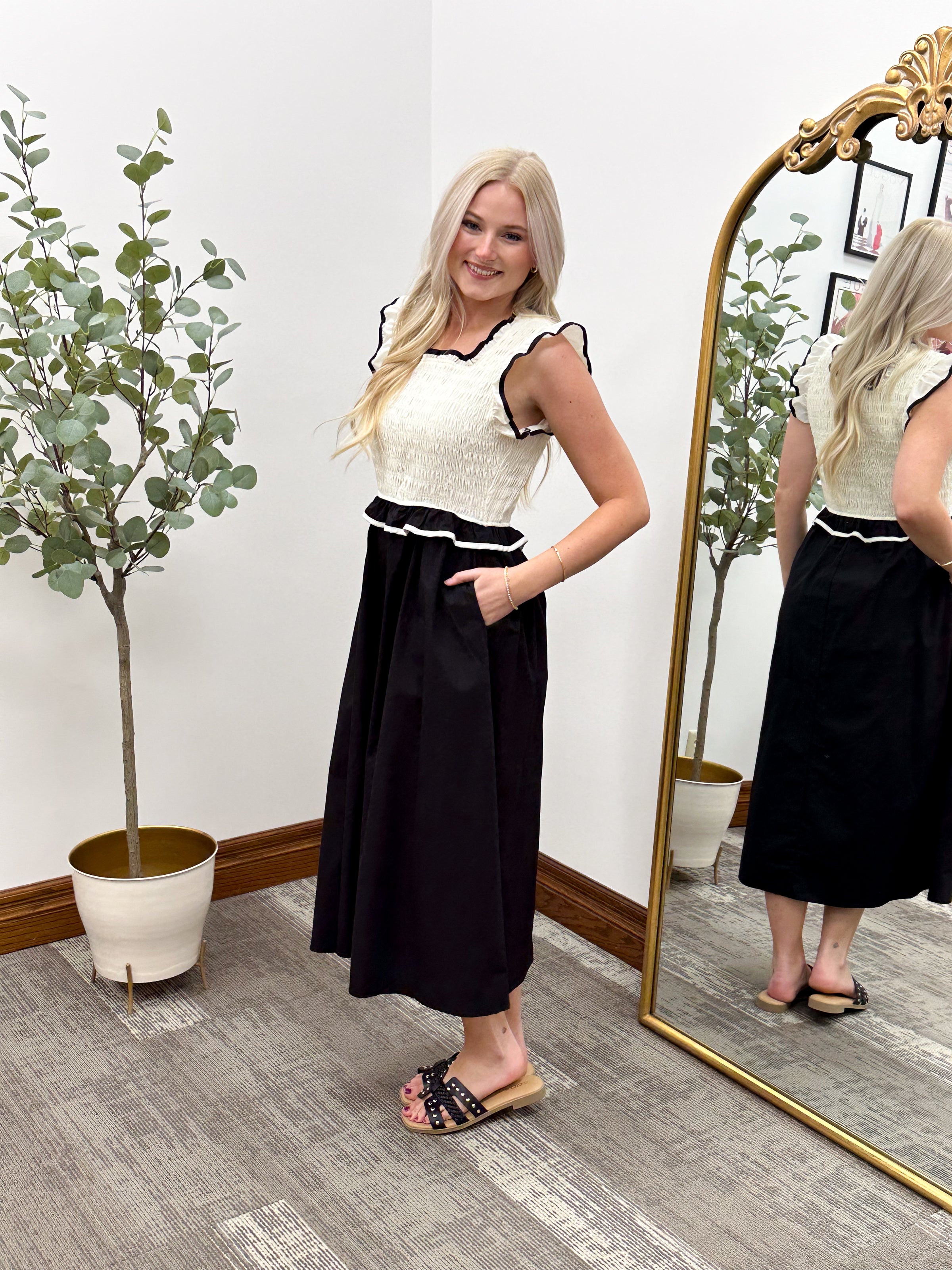 Black & Cream Smocked Midi Dress