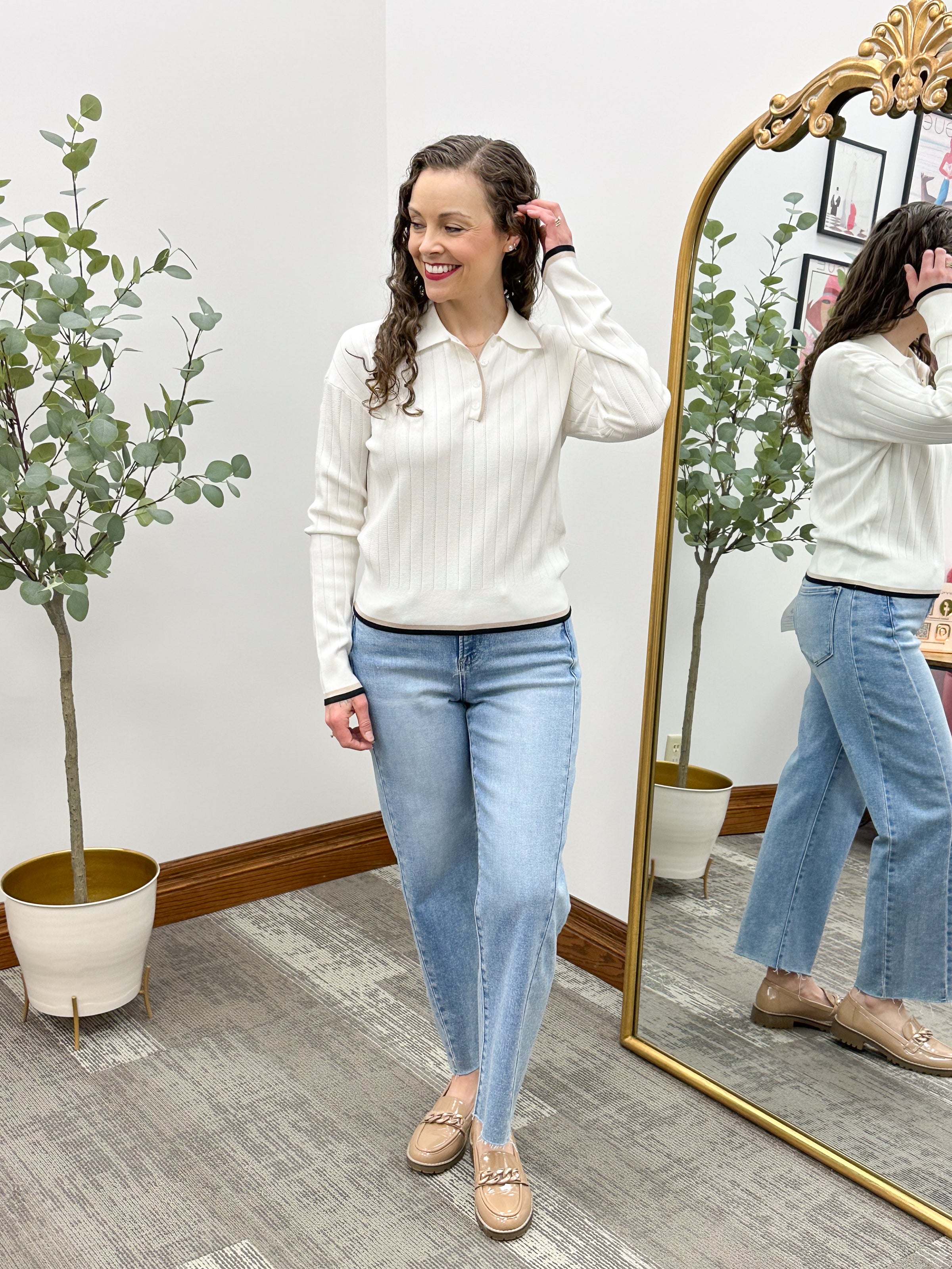 Ivory Pointelle Knit Collared Sweater