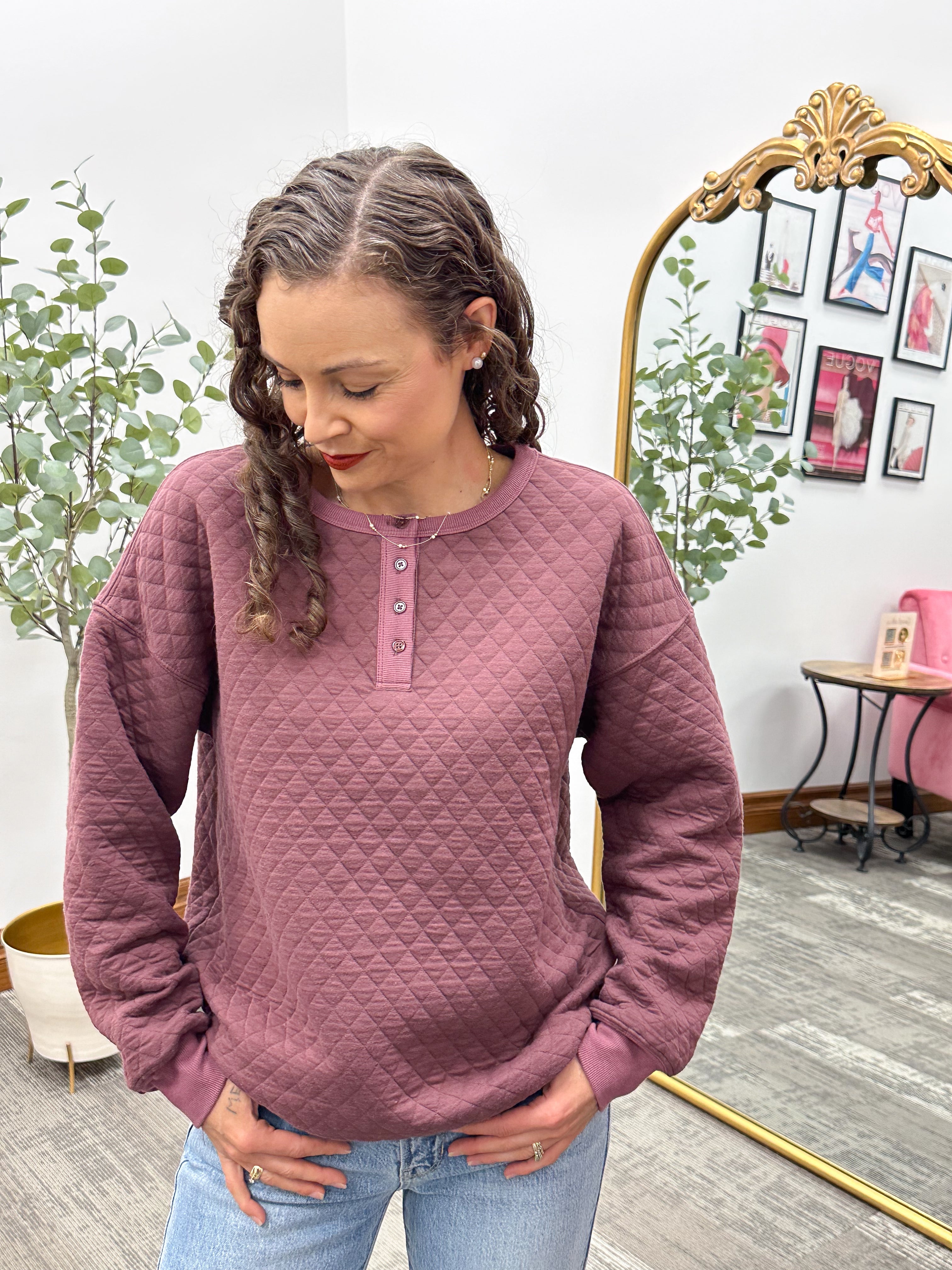 Plum Quilted Button Pullover